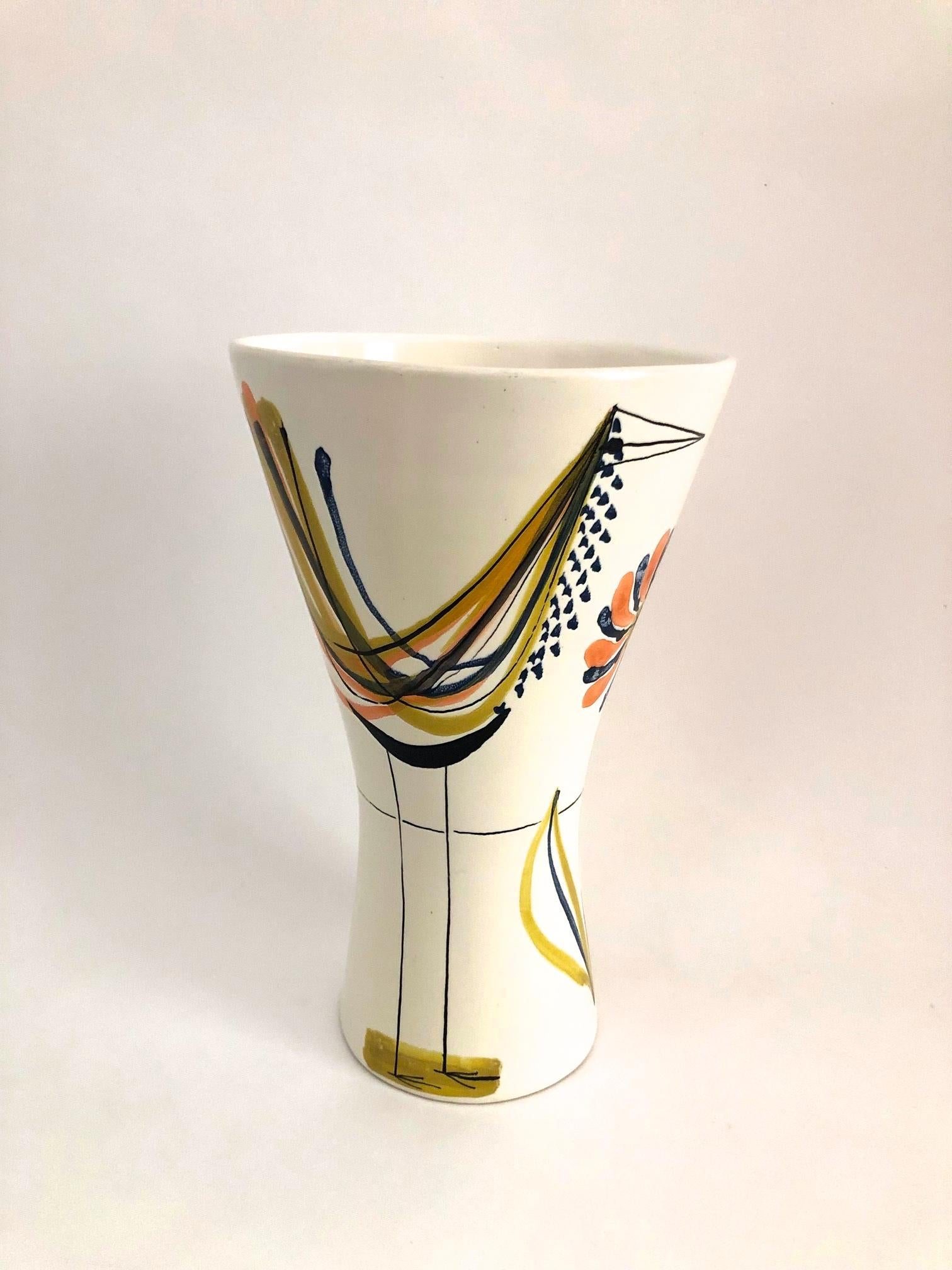 Ceramic Vase with Bird and Flower Signed by Roger Capron Vallauris, 1950s 1