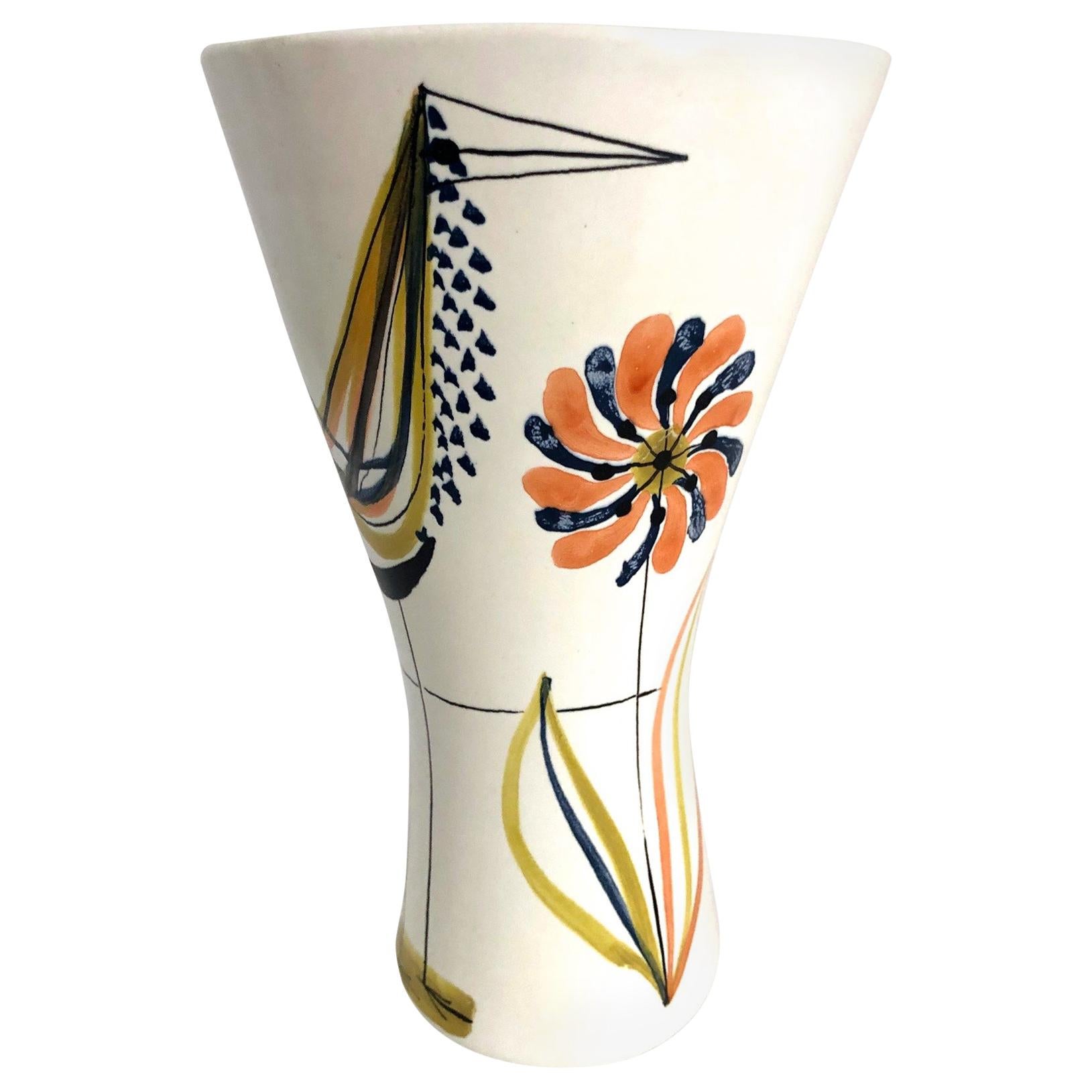 Ceramic Vase with Bird and Flower Signed by Roger Capron Vallauris, 1950s
