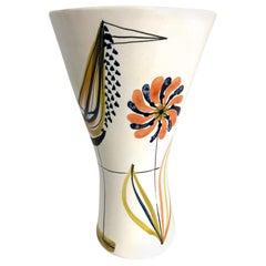 Vase en céramique avec oiseau et fleur signé par Roger Capron Vallauris, années 1950