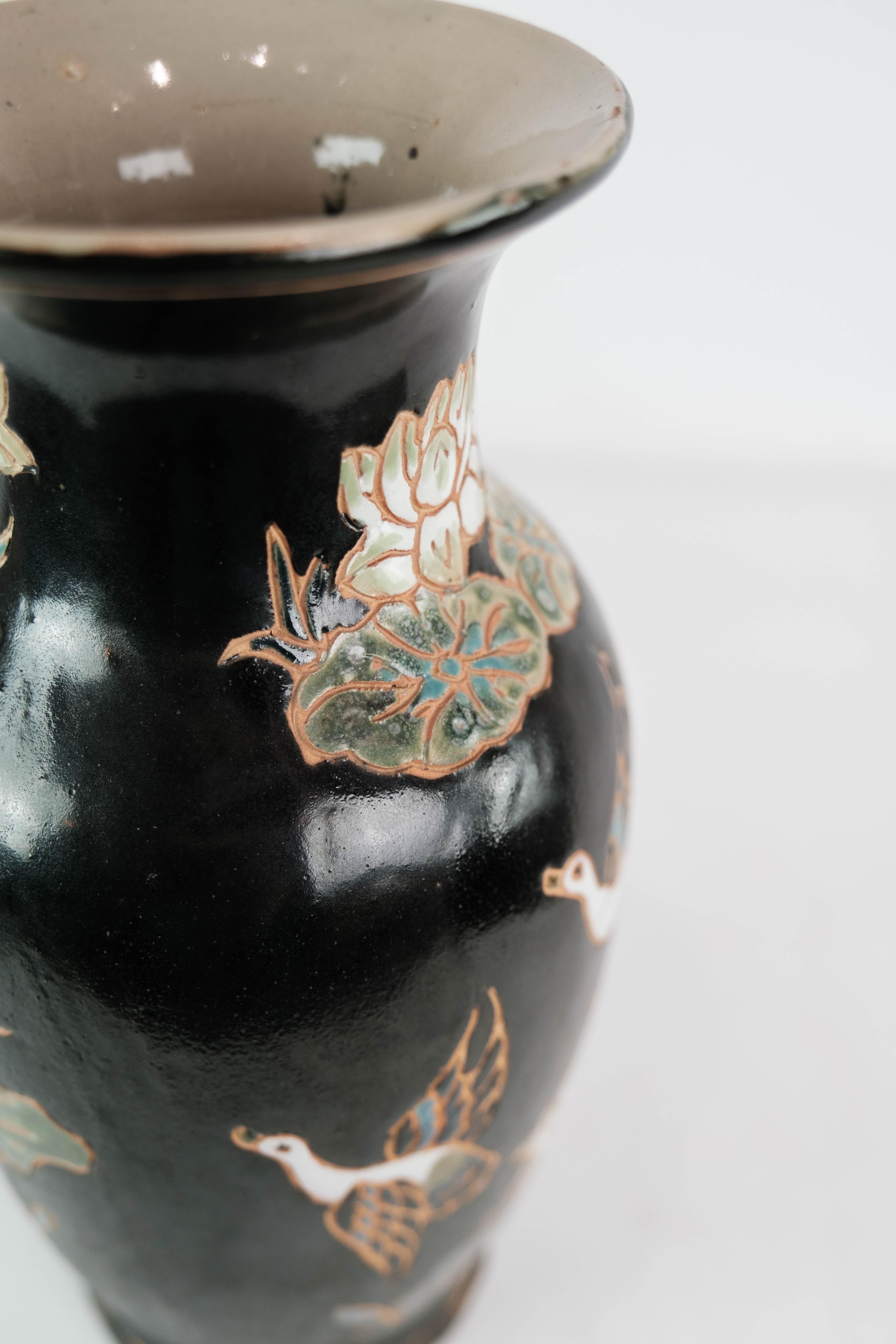 Ceramic Vase With Black Glaze & Decorated With Flowers From 1960s For Sale 4