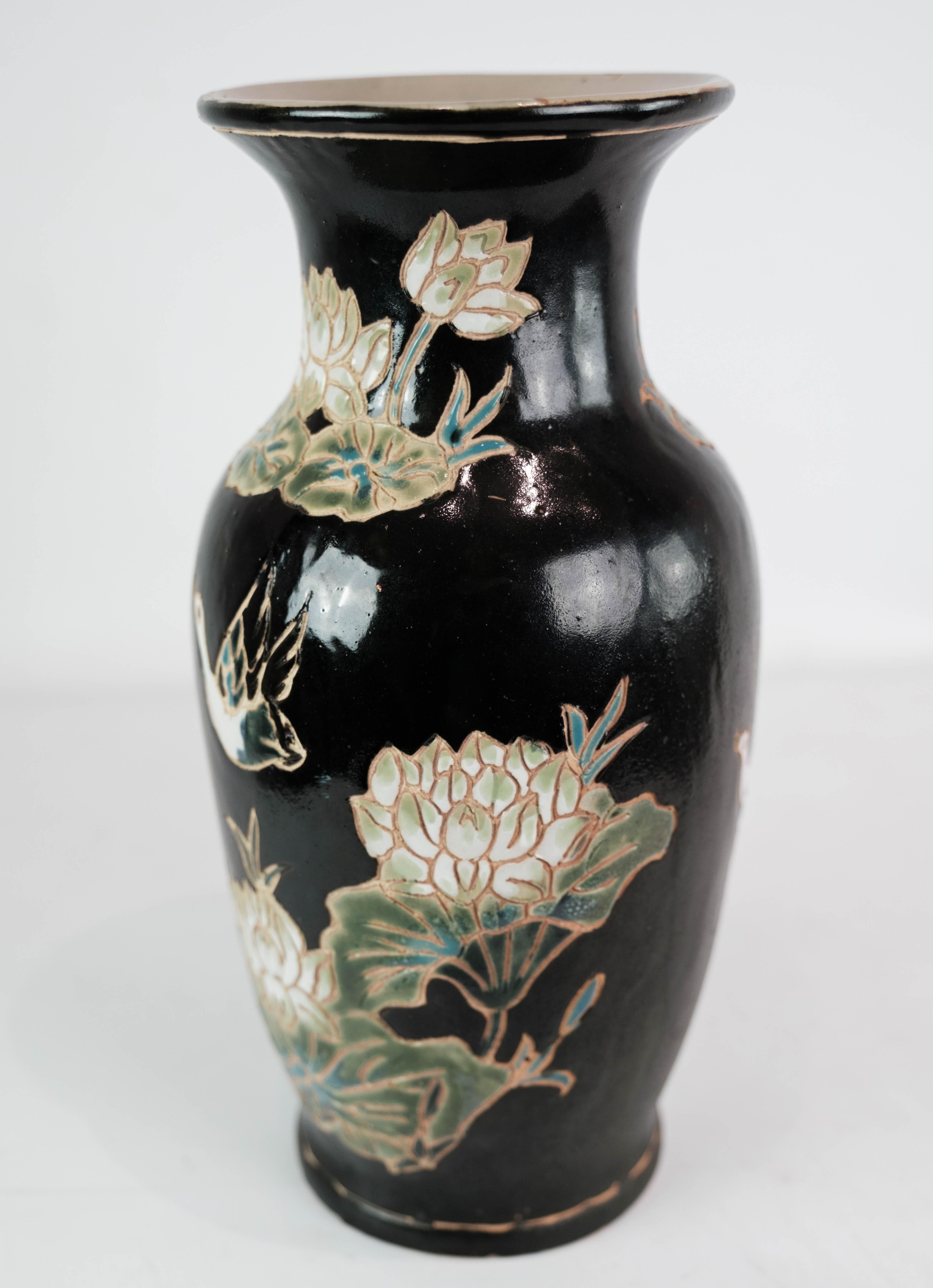 Ceramic Vase With Black Glaze & Decorated With Flowers From 1960s For Sale 5