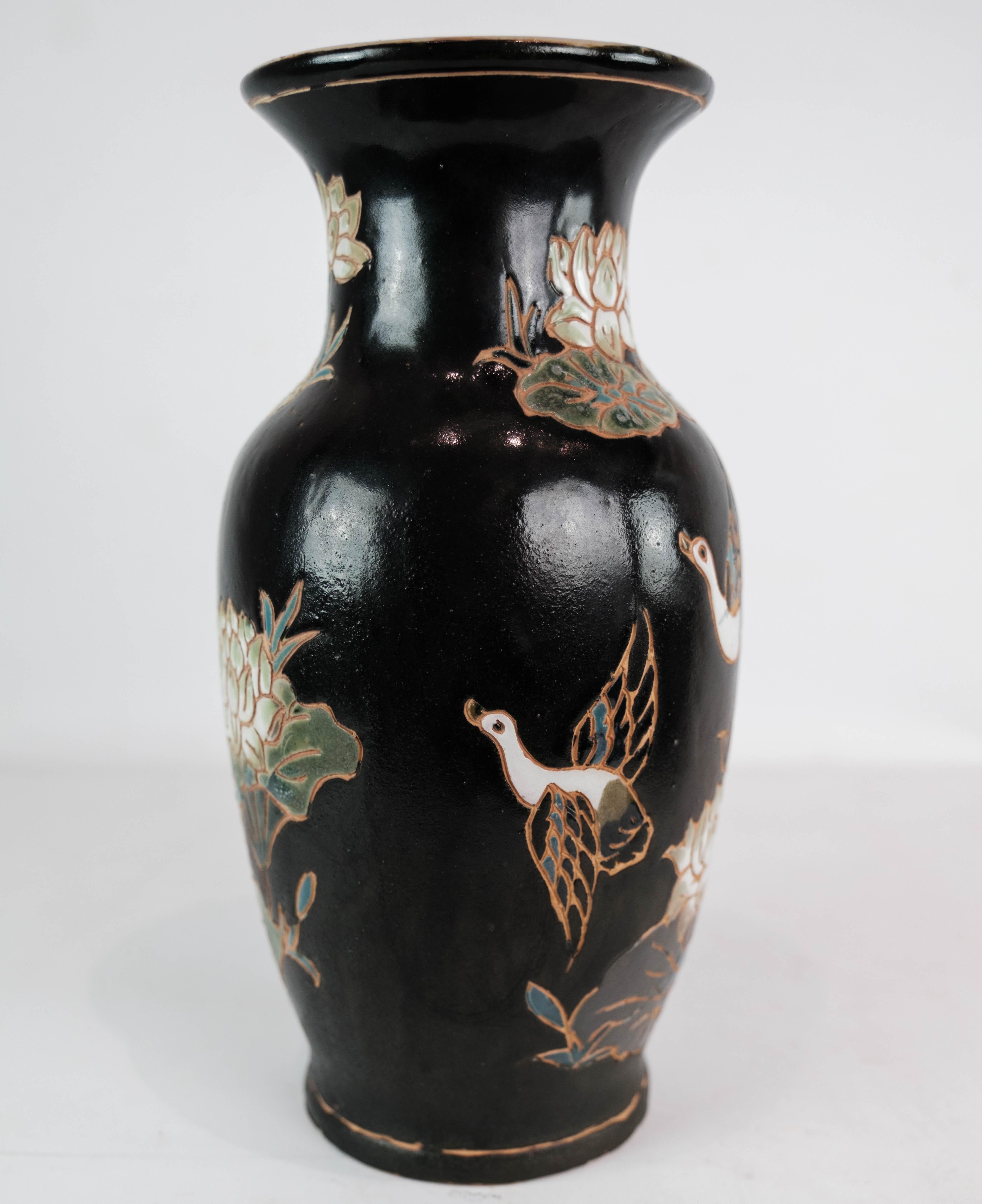 Danish Ceramic Vase With Black Glaze & Decorated With Flowers From 1960s For Sale