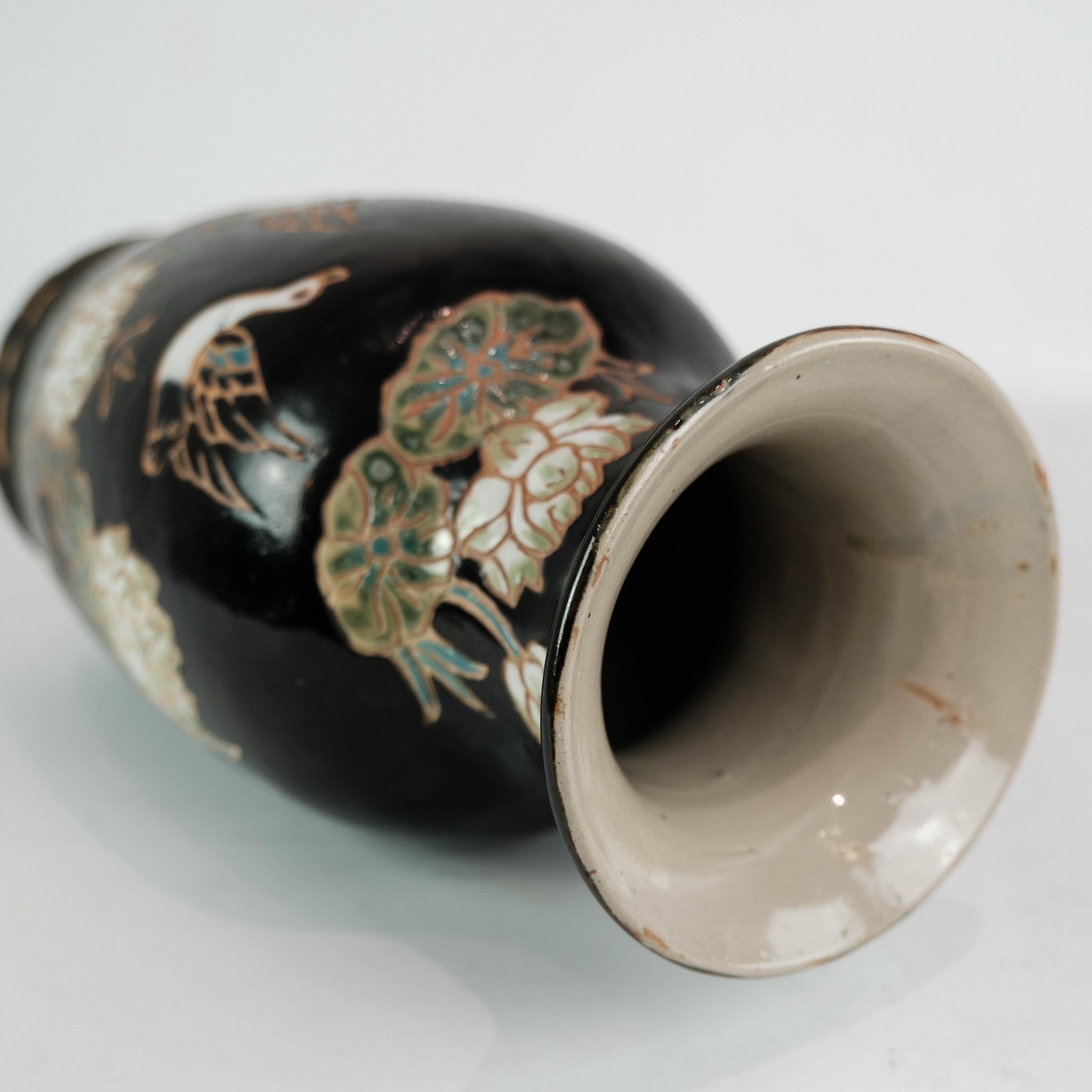 Mid-20th Century Ceramic Vase With Black Glaze & Decorated With Flowers From 1960s For Sale