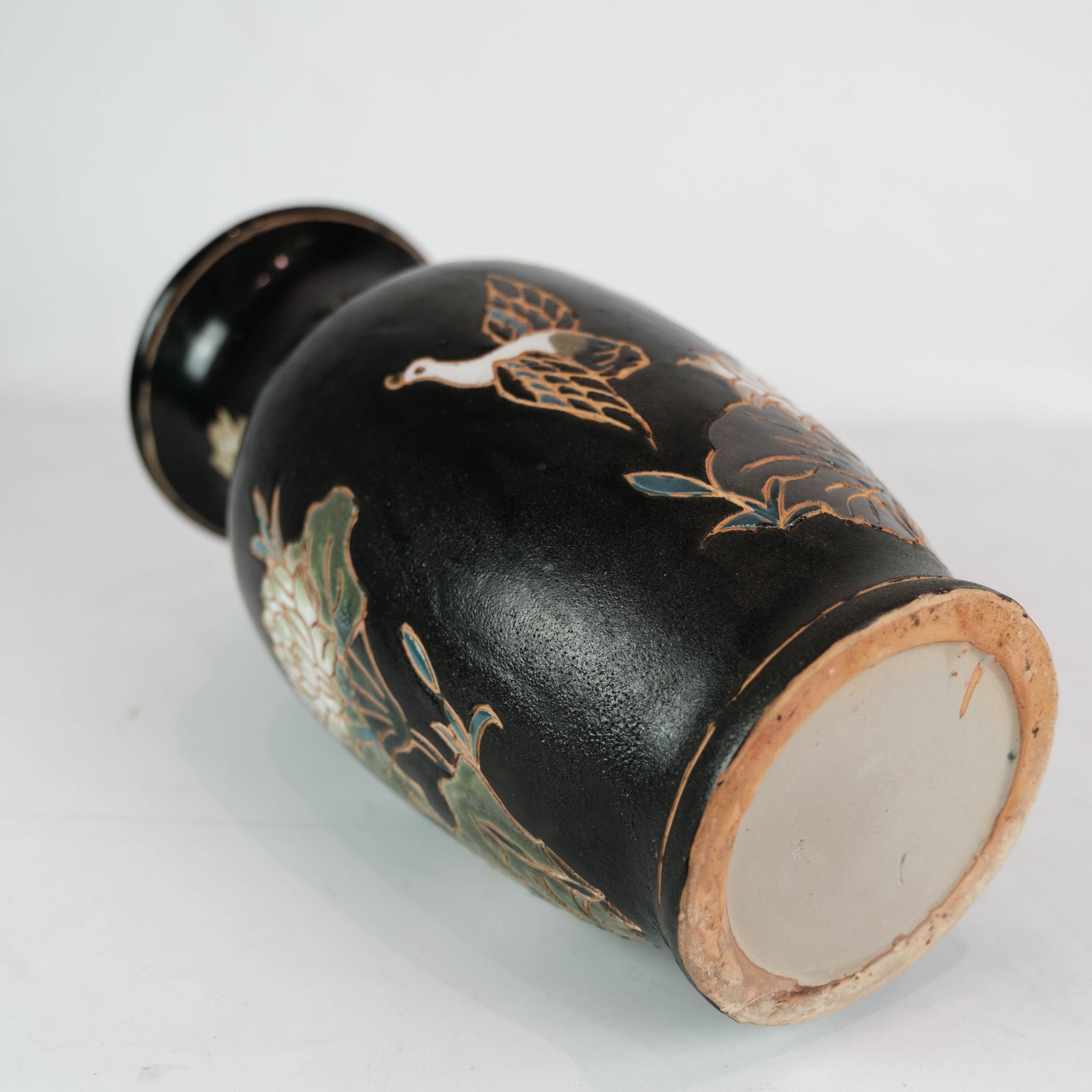 Ceramic Vase With Black Glaze & Decorated With Flowers From 1960s For Sale 2