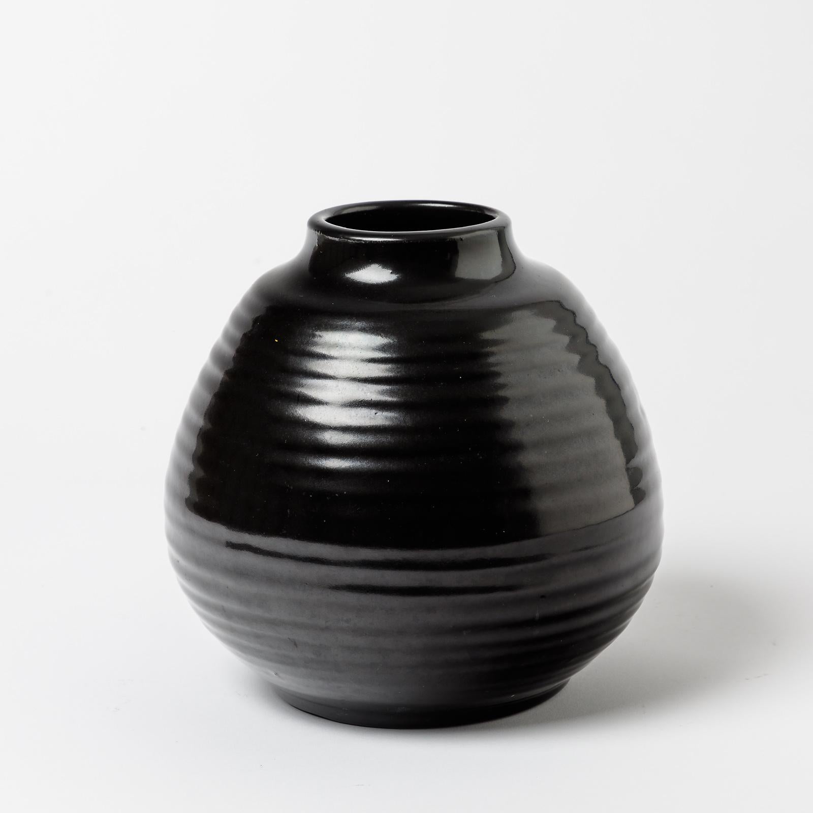 Beaux Arts Ceramic Vase with Black Glaze Decoration by Accolay, circa 1960-1970