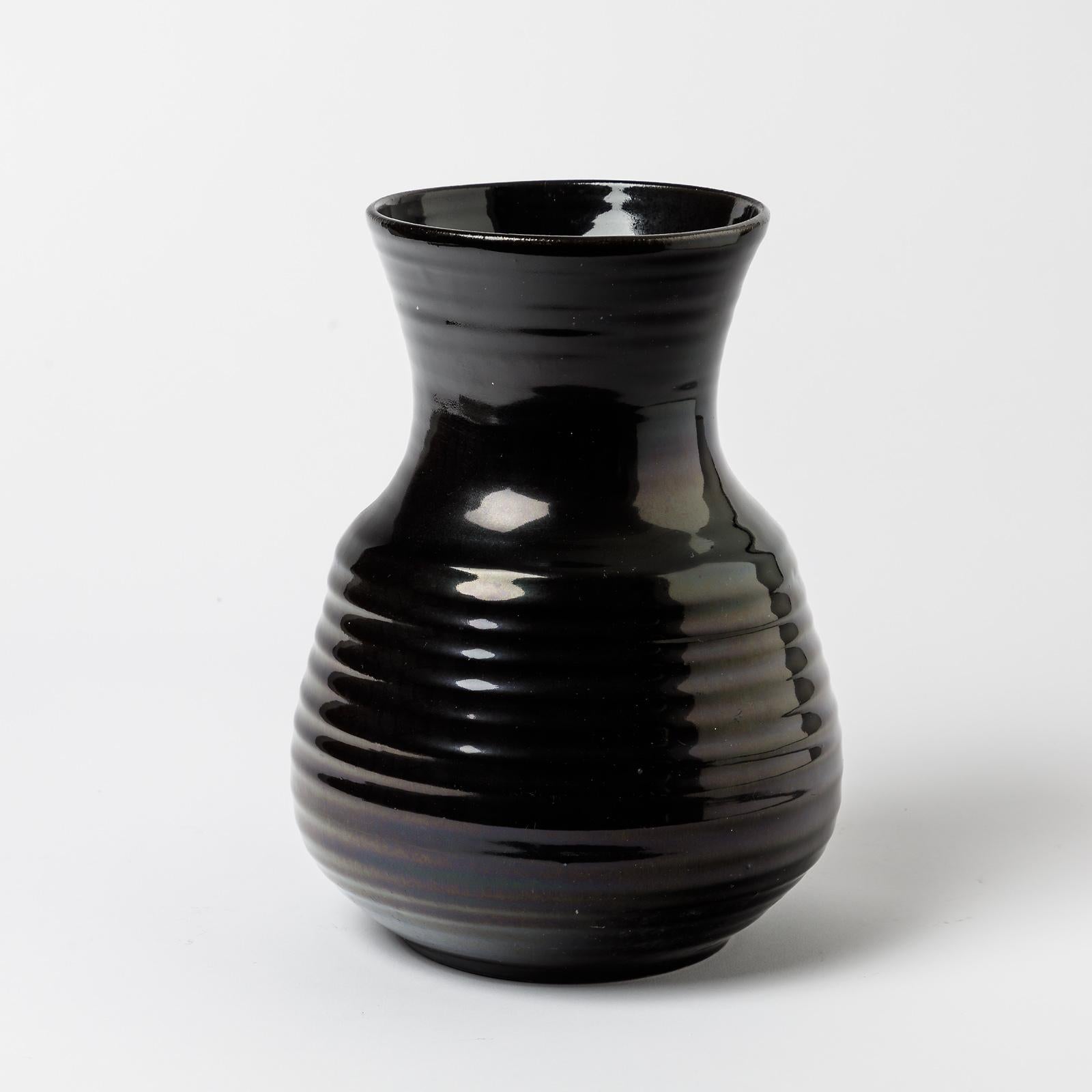 French Ceramic Vase with Black Glaze Decoration by Accolay, circa 1960-1970 For Sale