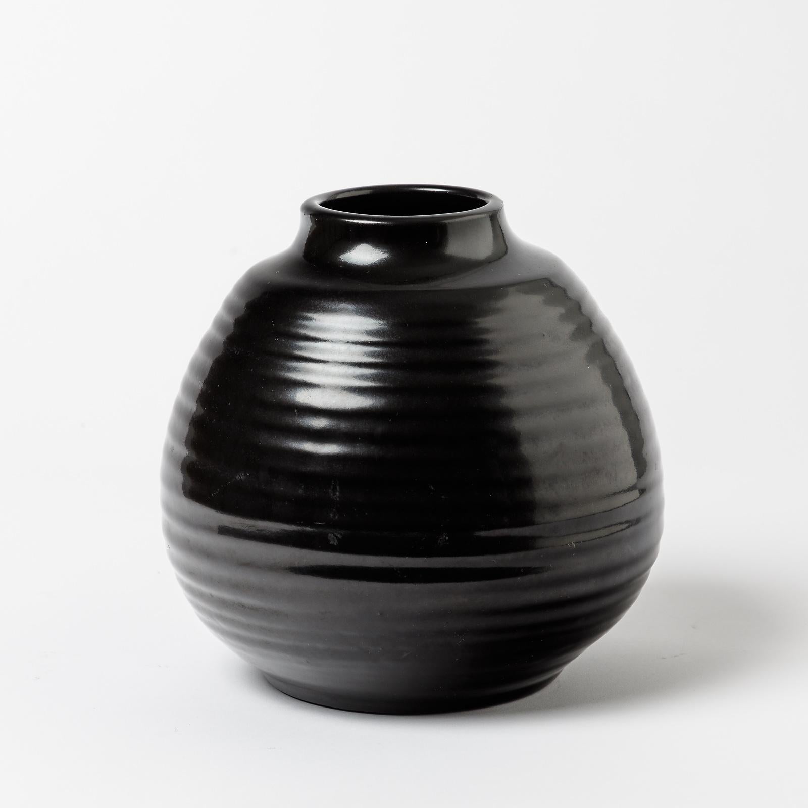 French Ceramic Vase with Black Glaze Decoration by Accolay, circa 1960-1970