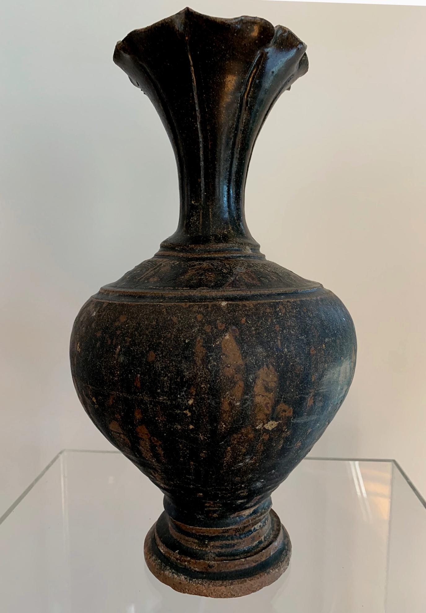 Cambodian Ceramic Vase with Black Glaze Khmer Angkor Period