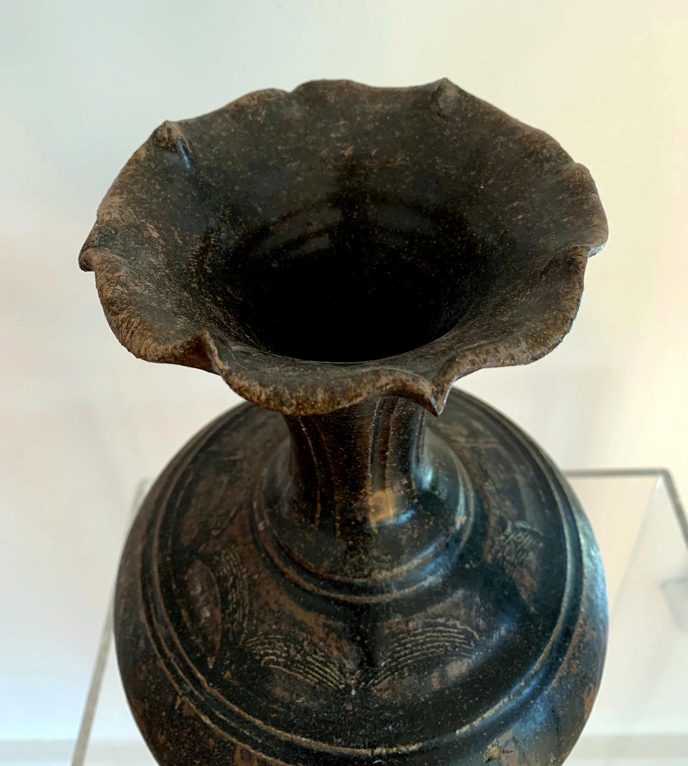 18th Century and Earlier Ceramic Vase with Black Glaze Khmer Angkor Period