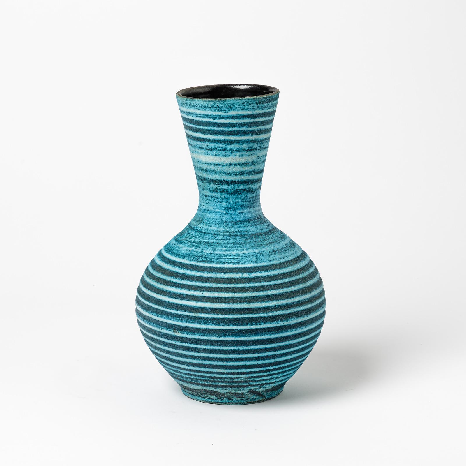 Beaux Arts Ceramic Vase with Blue Glaze Decoration by Accolay, circa 1960-1970