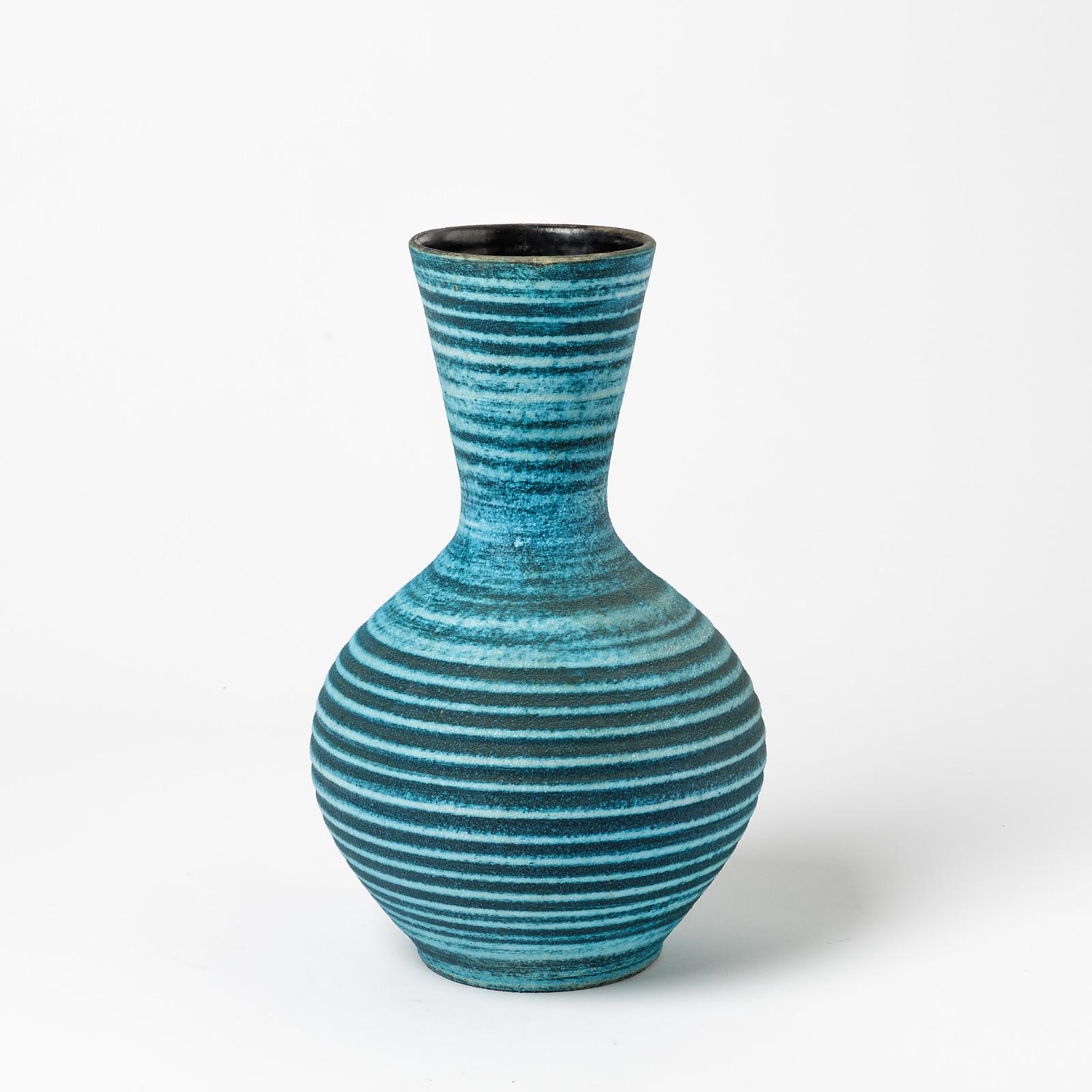 French Ceramic Vase with Blue Glaze Decoration by Accolay, circa 1960-1970