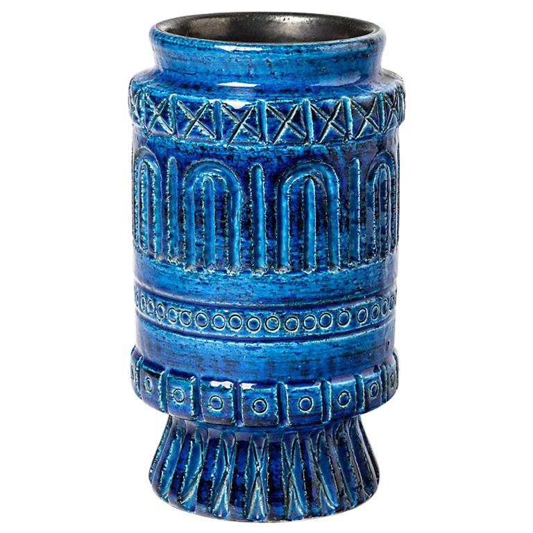 Ceramic Vase with Blue Glaze Decoration Signed Pol Chambost, circa 1960-1970 For Sale