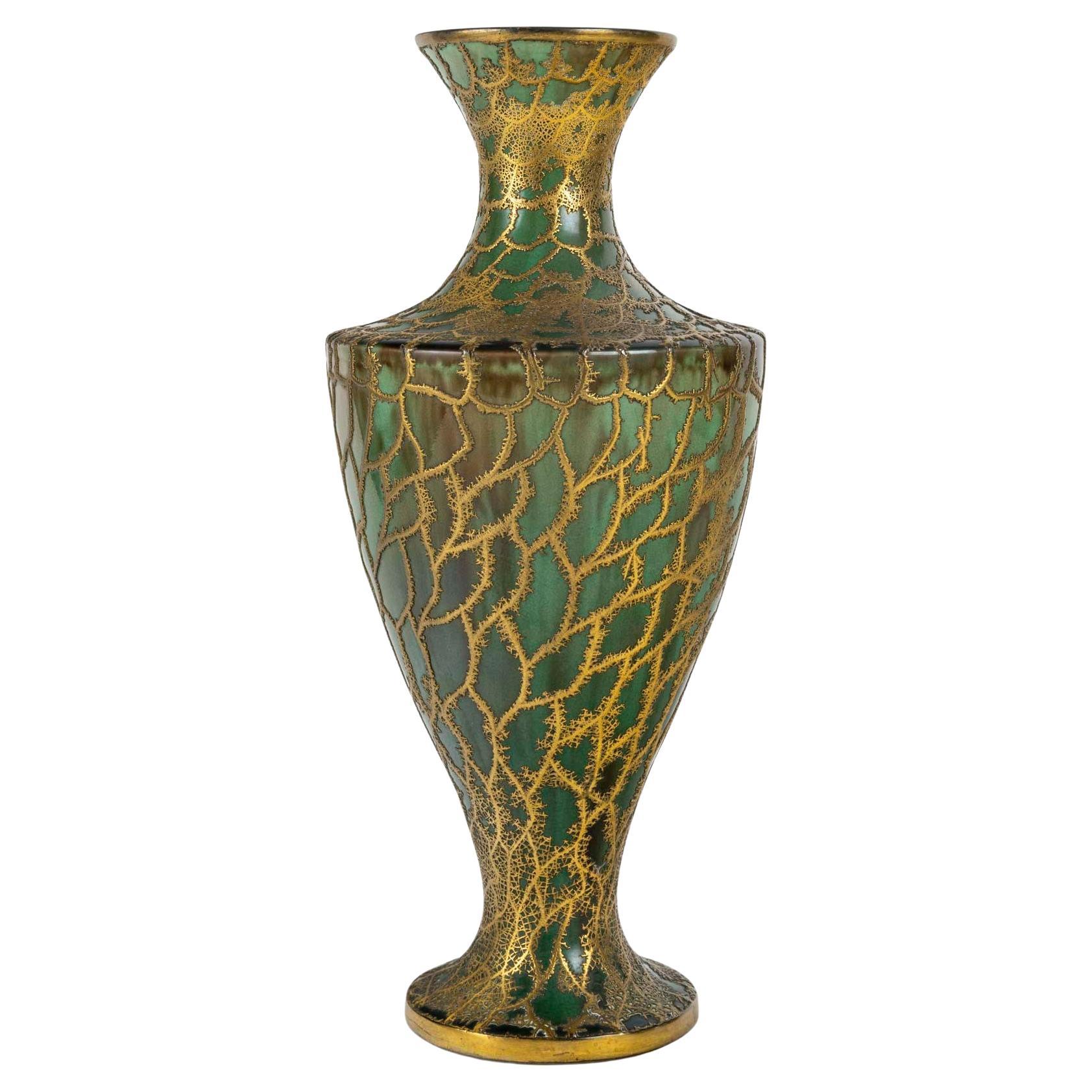 Ceramic Vase with Brass Decoration, 20th Century.