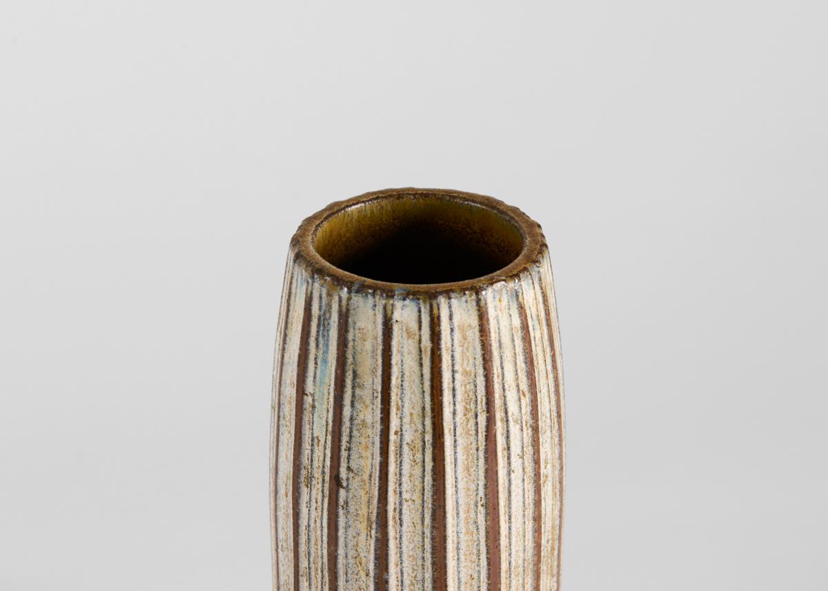 Mid-Century Modern Ceramic Vase with Brown & White Striped Glaze, Wallåkra, Sweden, 1960s For Sale