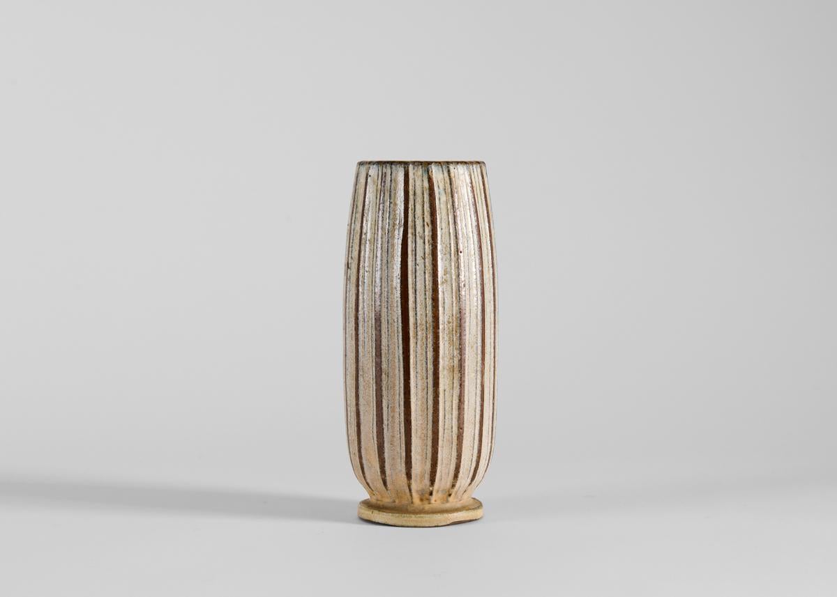 Swedish Ceramic Vase with Brown & White Striped Glaze, Wallåkra, Sweden, 1960s For Sale