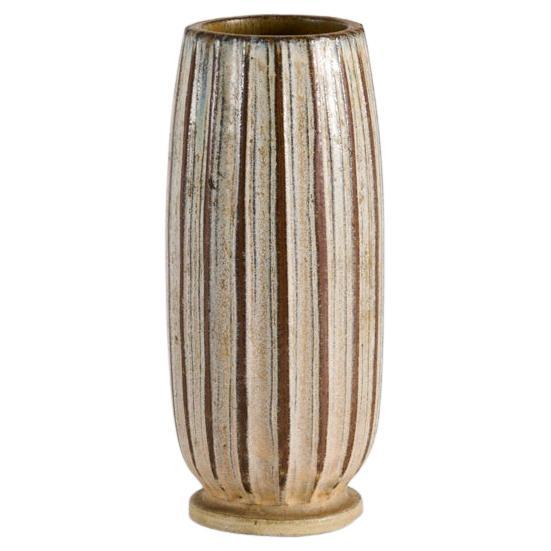 Ceramic Vase with Brown & White Striped Glaze, Wallåkra, Sweden, 1960s For Sale