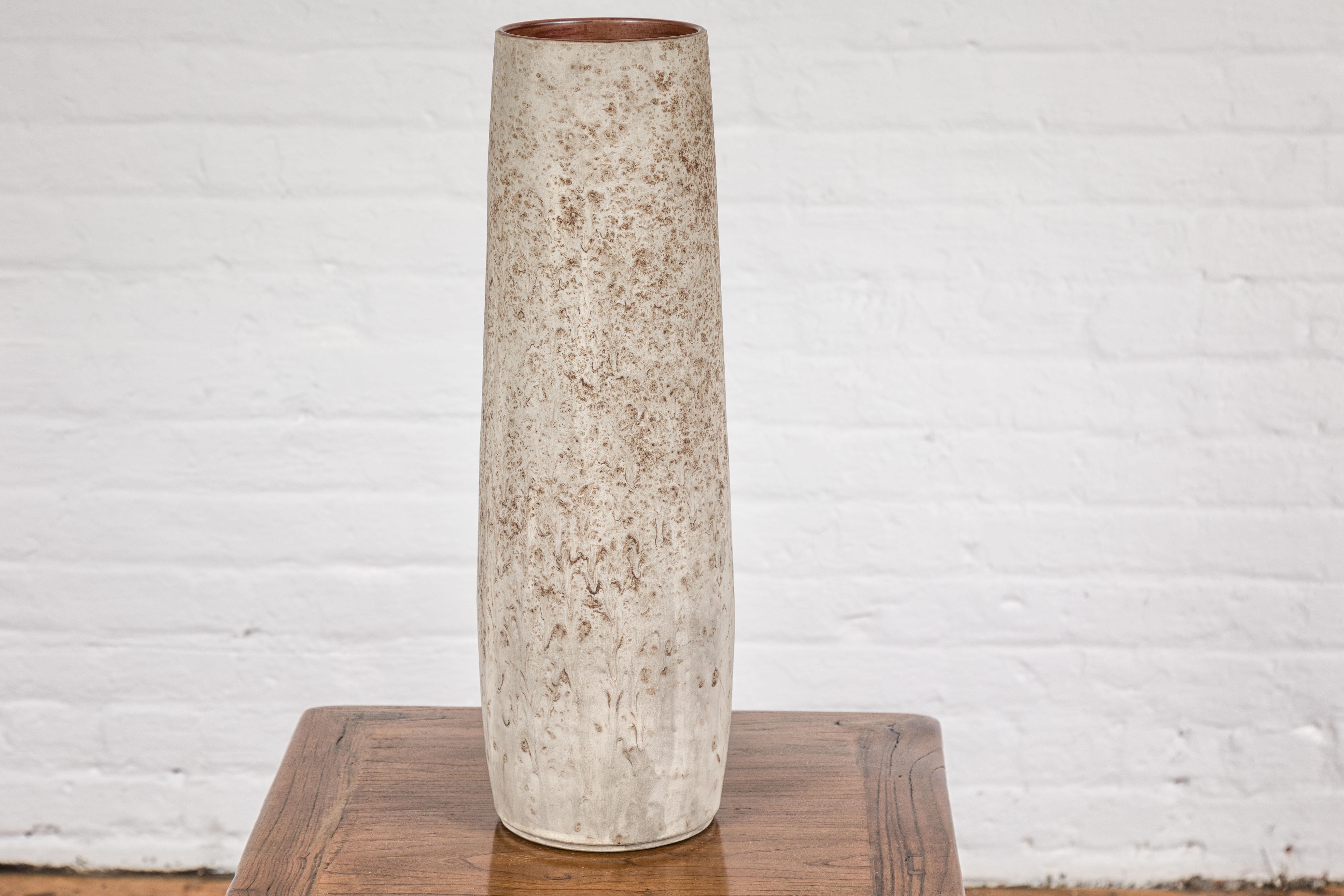 Contemporary Ceramic Vase with Cream, Gray and Brown Lava Textured Finish For Sale
