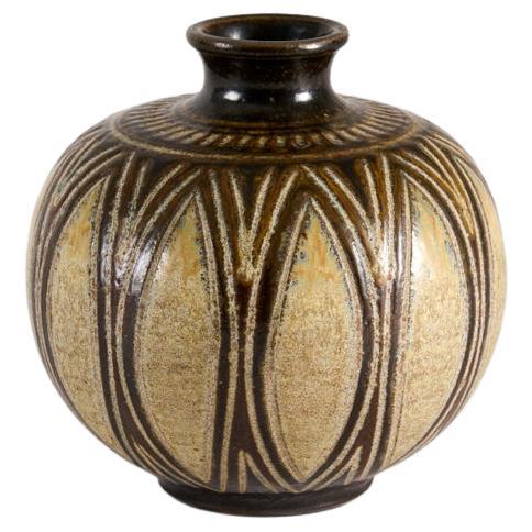 Keramikvase mit erdfarbener, gemusterte Glasur, Wallkra, Schweden, 1960er Jahre