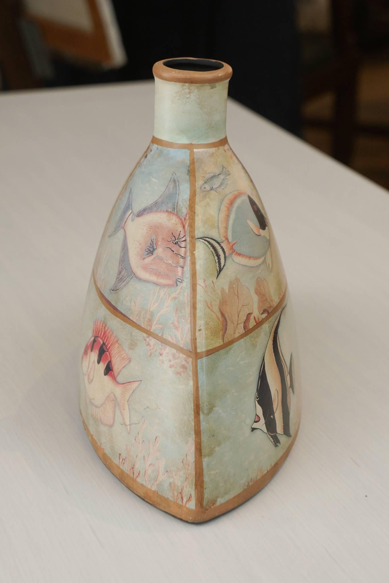 American Ceramic Vase with Fish Motif For Sale