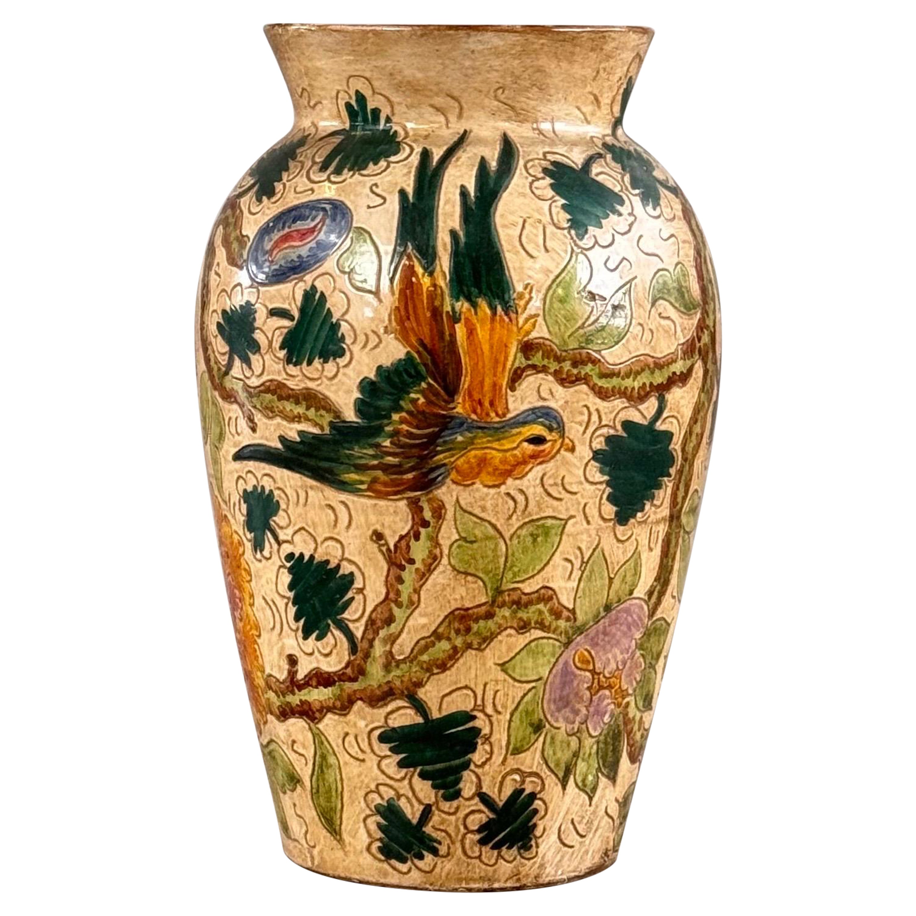 Ceramic Vase with Floral and Bird Motifs by C. Monarchi, Gubbio, Italy, 1930s