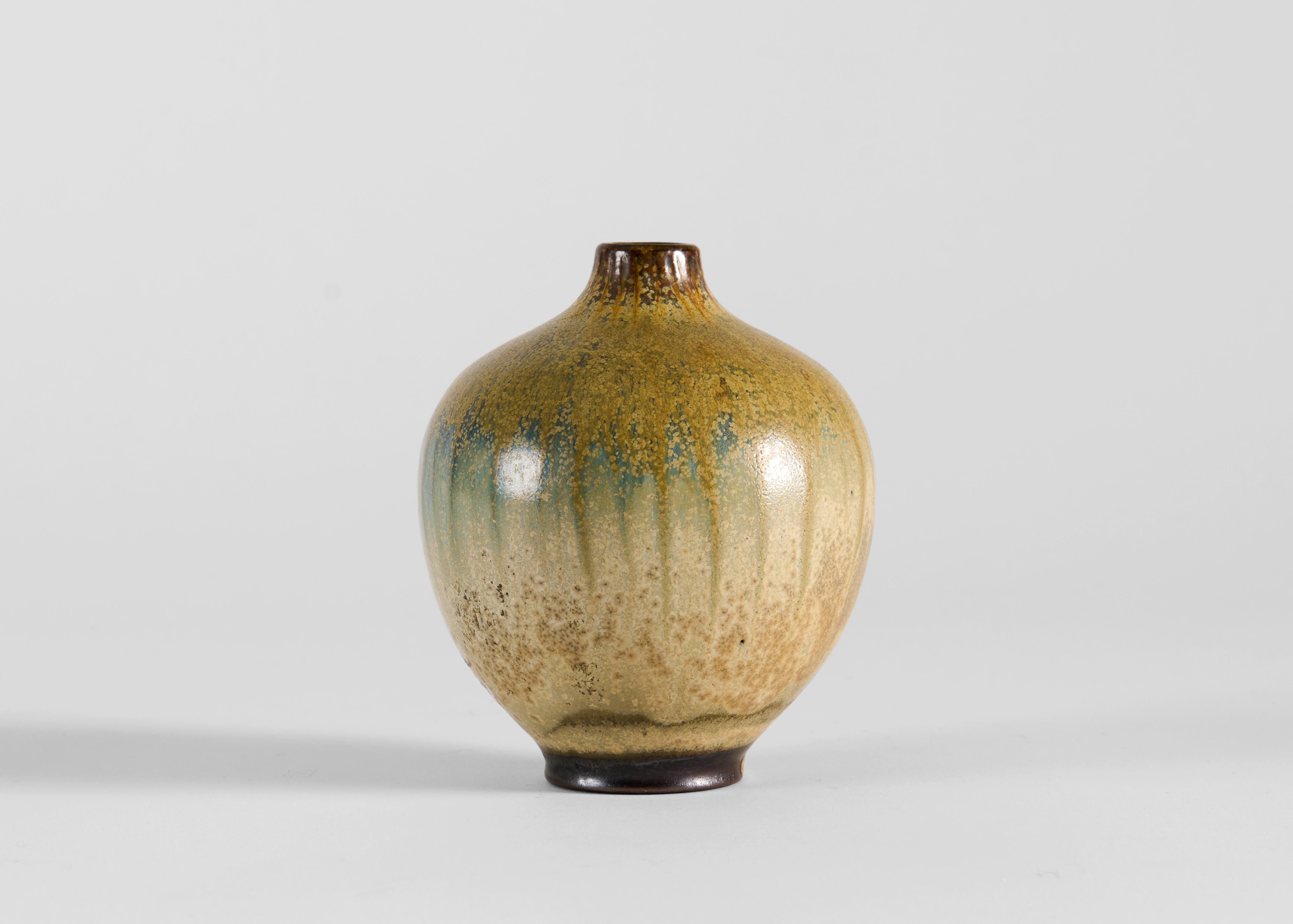 Swedish Ceramic Vase with Poured Ochre Glaze, Wallåkra, Sweden, 1960s For Sale