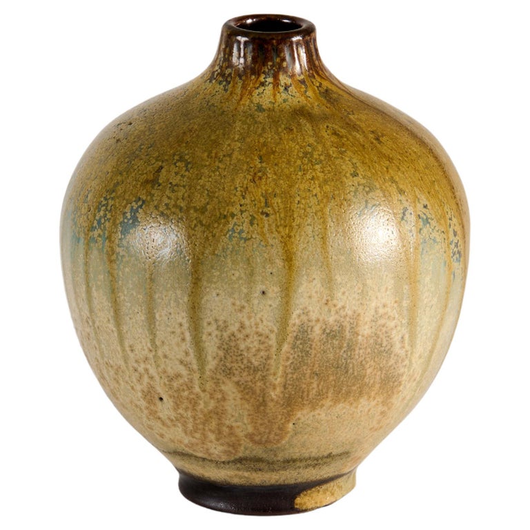 Ceramic Vase with Poured Ochre Glaze, Wallåkra, Sweden, 1960s For Sale