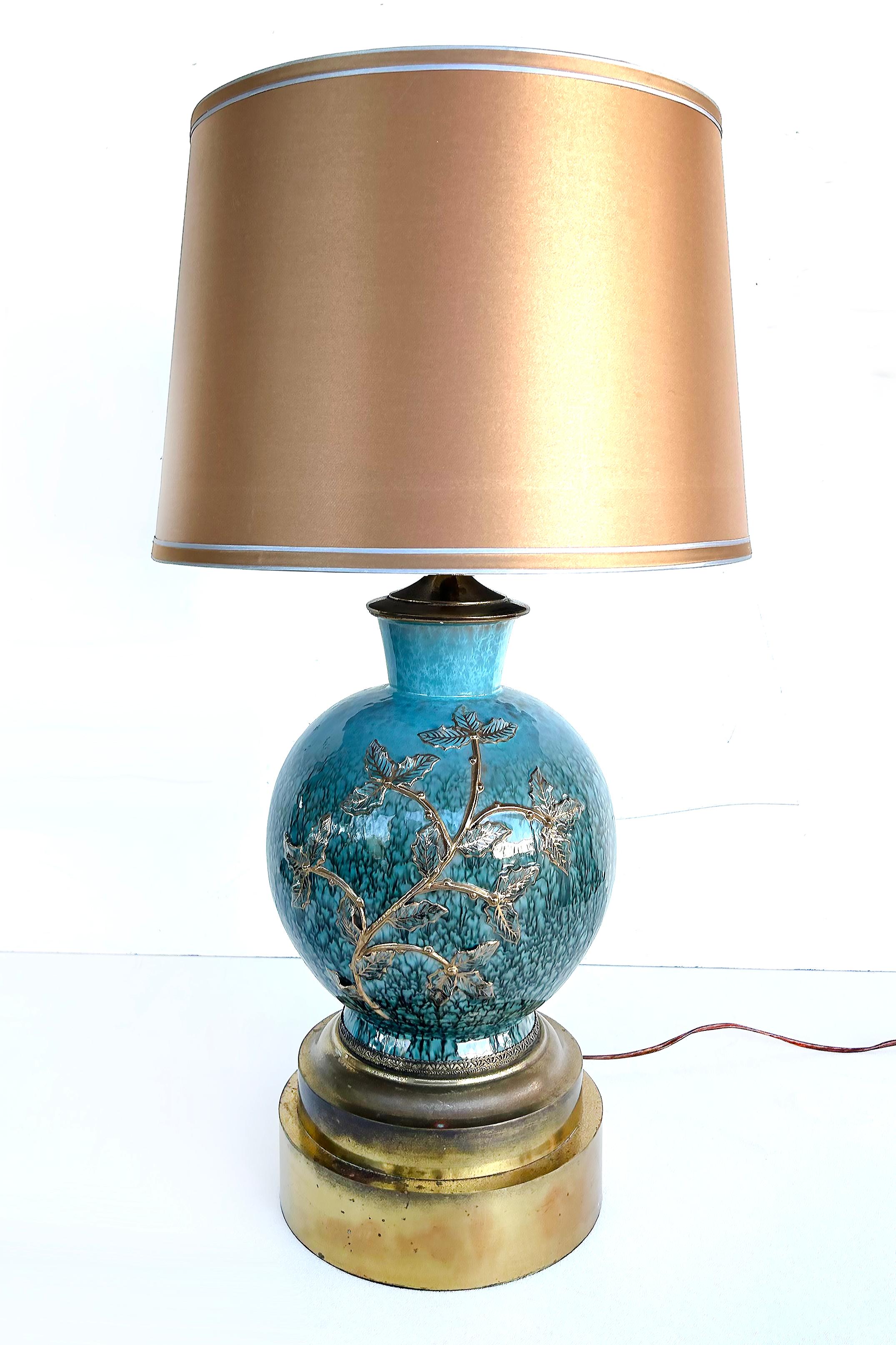 Ceramic Vases Mounted on Brass as Table Lamps,  Custom Shades,  Pair In Good Condition For Sale In Miami, FL