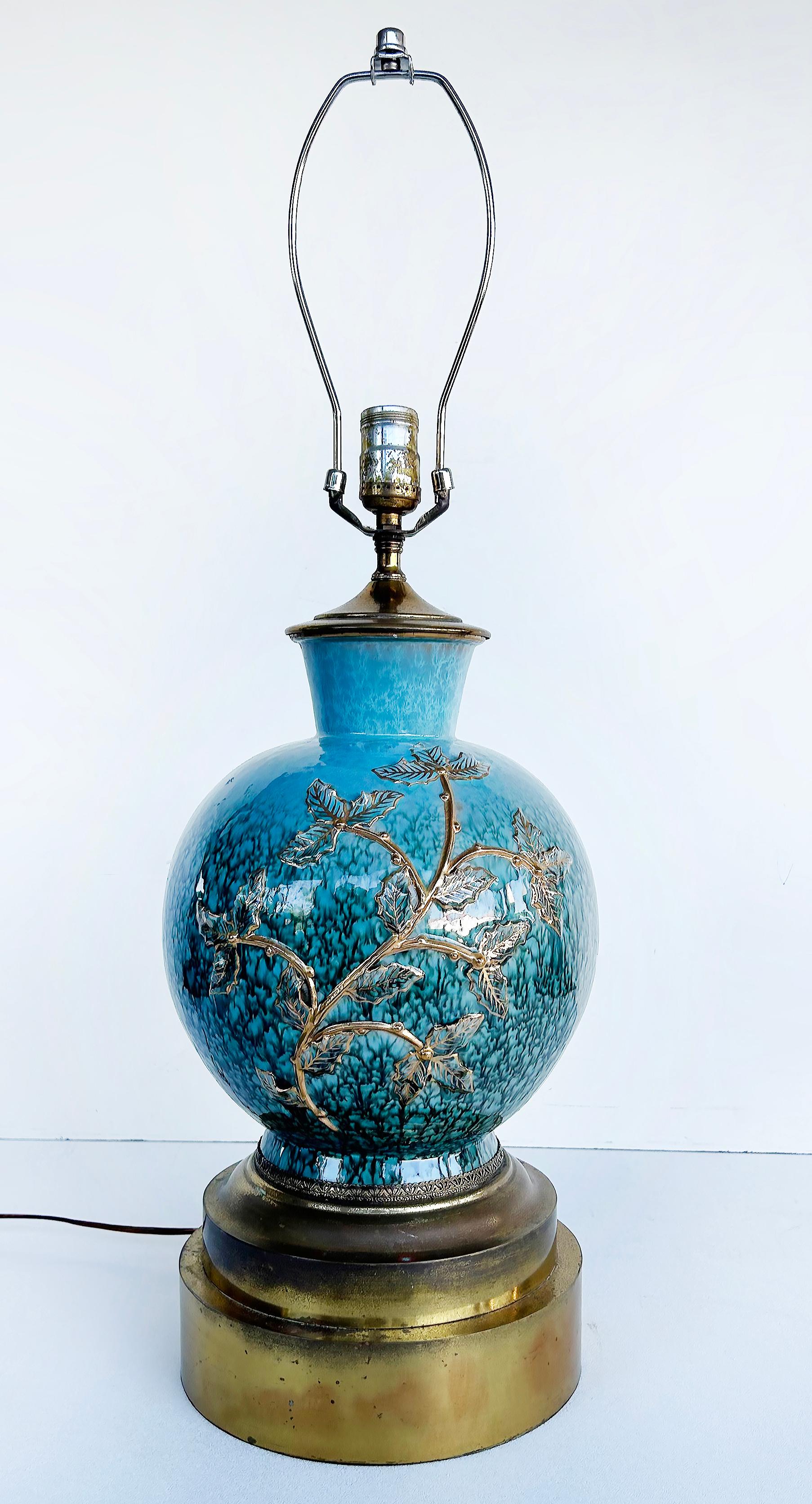 20th Century Ceramic Vases Mounted on Brass as Table Lamps,  Custom Shades,  Pair For Sale