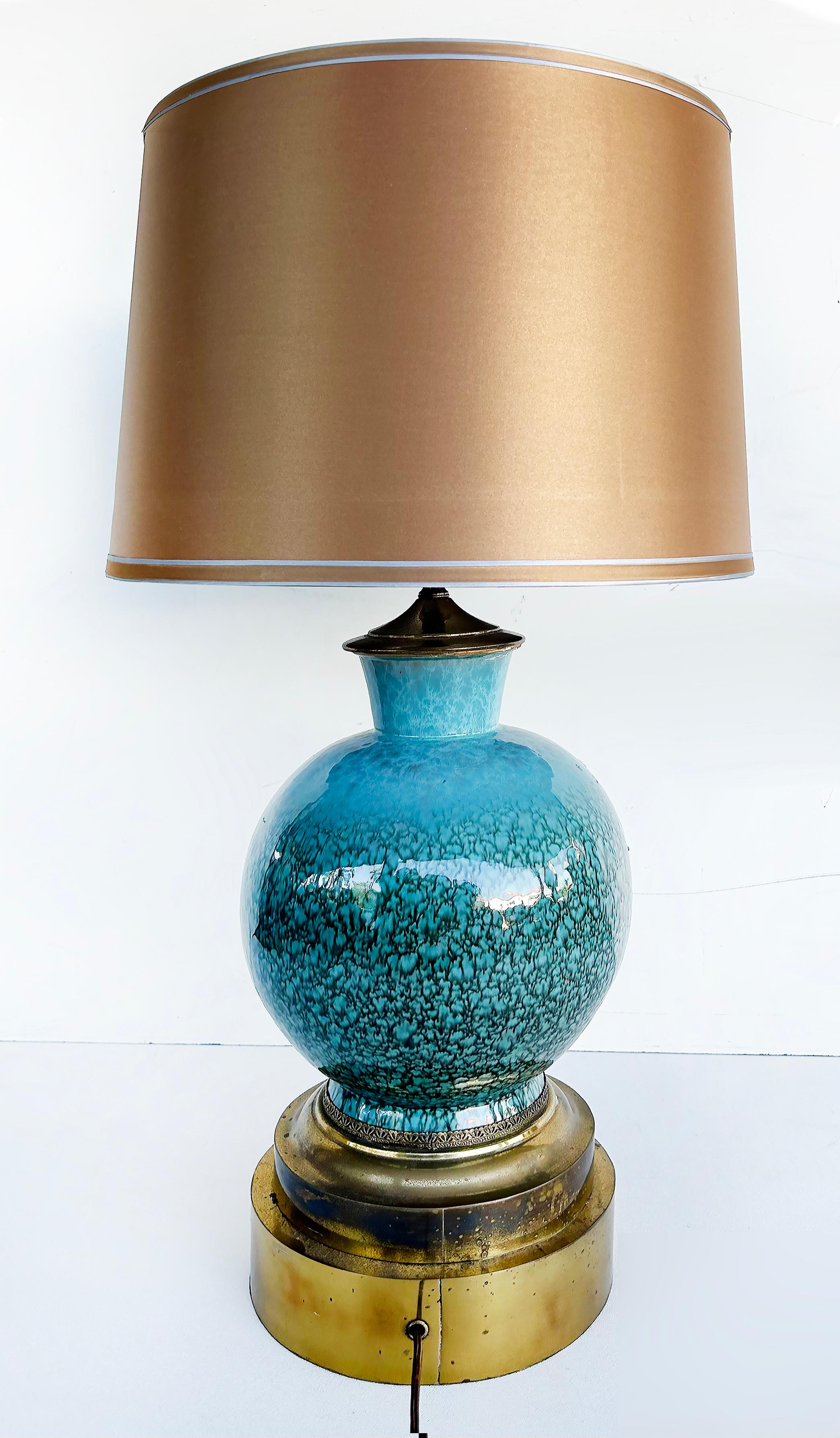 Metal Ceramic Vases Mounted on Brass as Table Lamps,  Custom Shades,  Pair For Sale