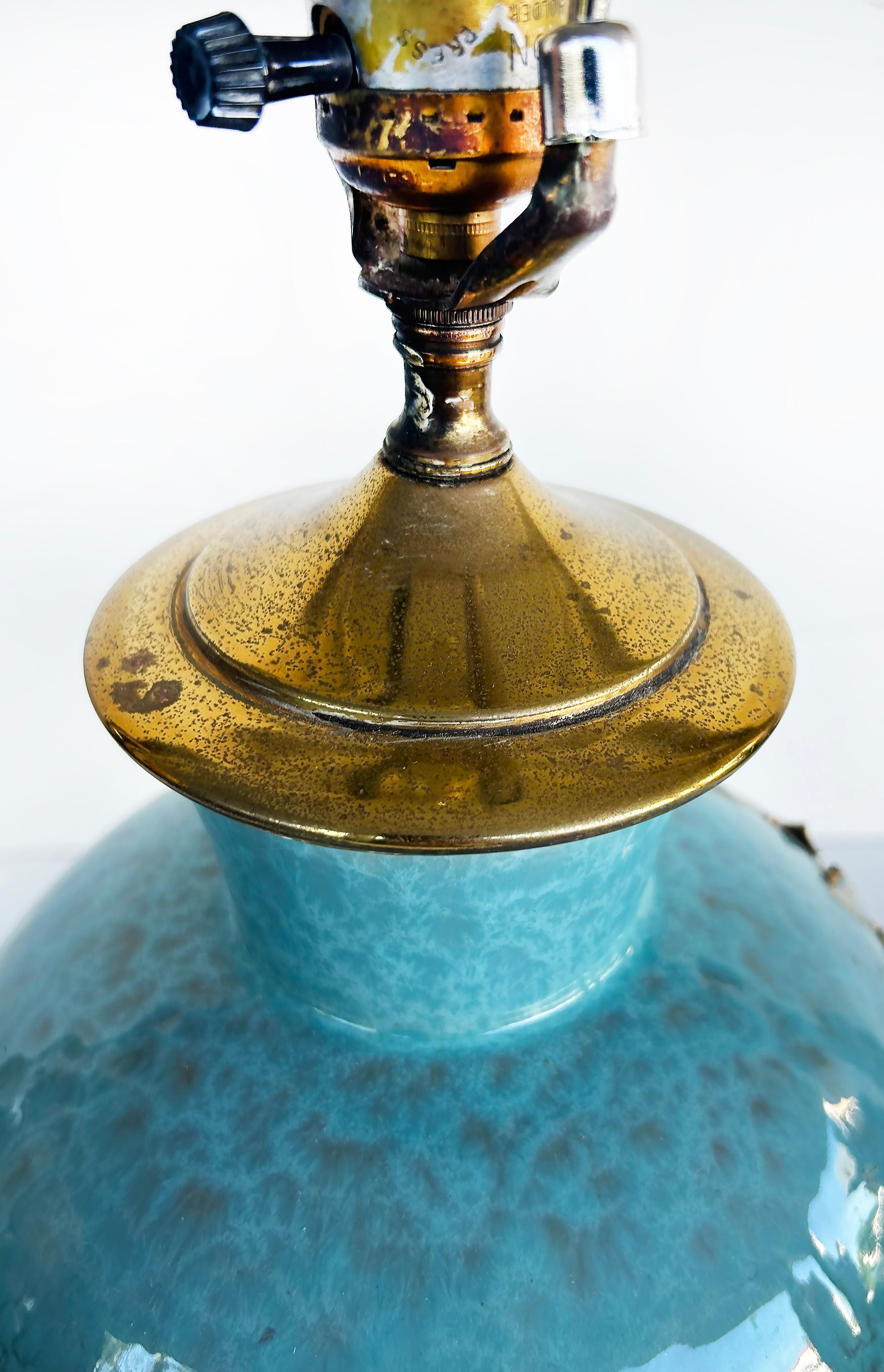 Ceramic Vases Mounted on Brass as Table Lamps,  Custom Shades,  Pair For Sale 1
