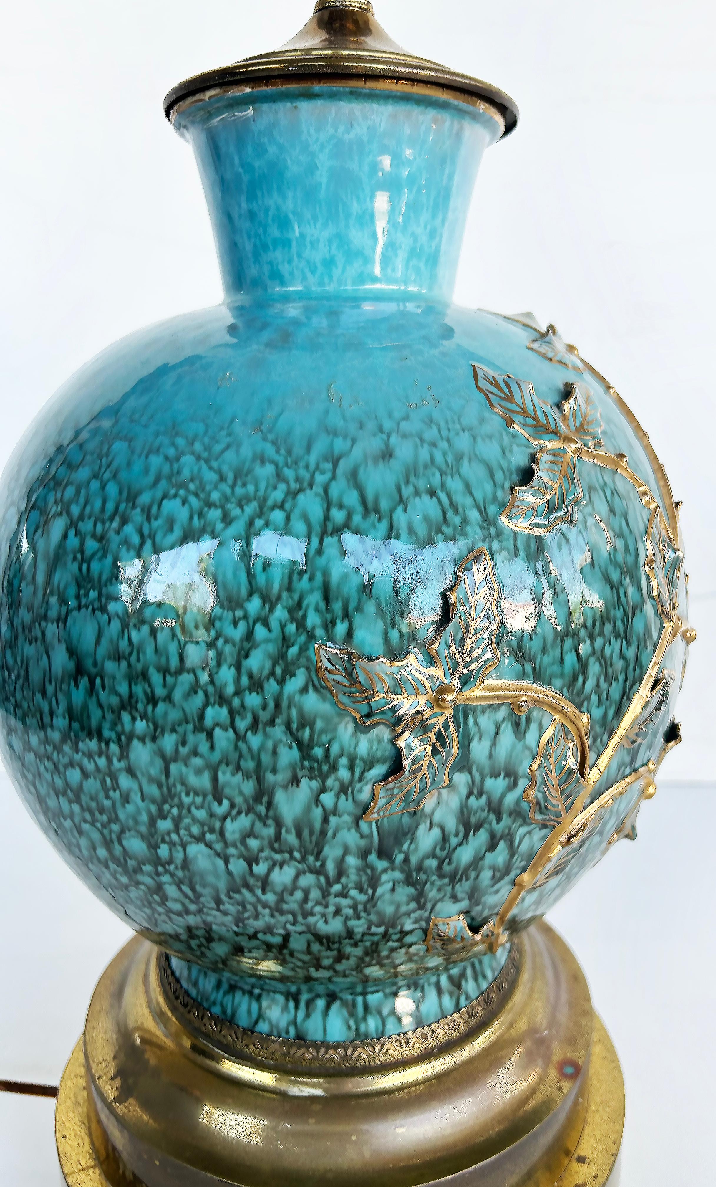 Ceramic Vases Mounted on Brass as Table Lamps,  Custom Shades,  Pair For Sale 3
