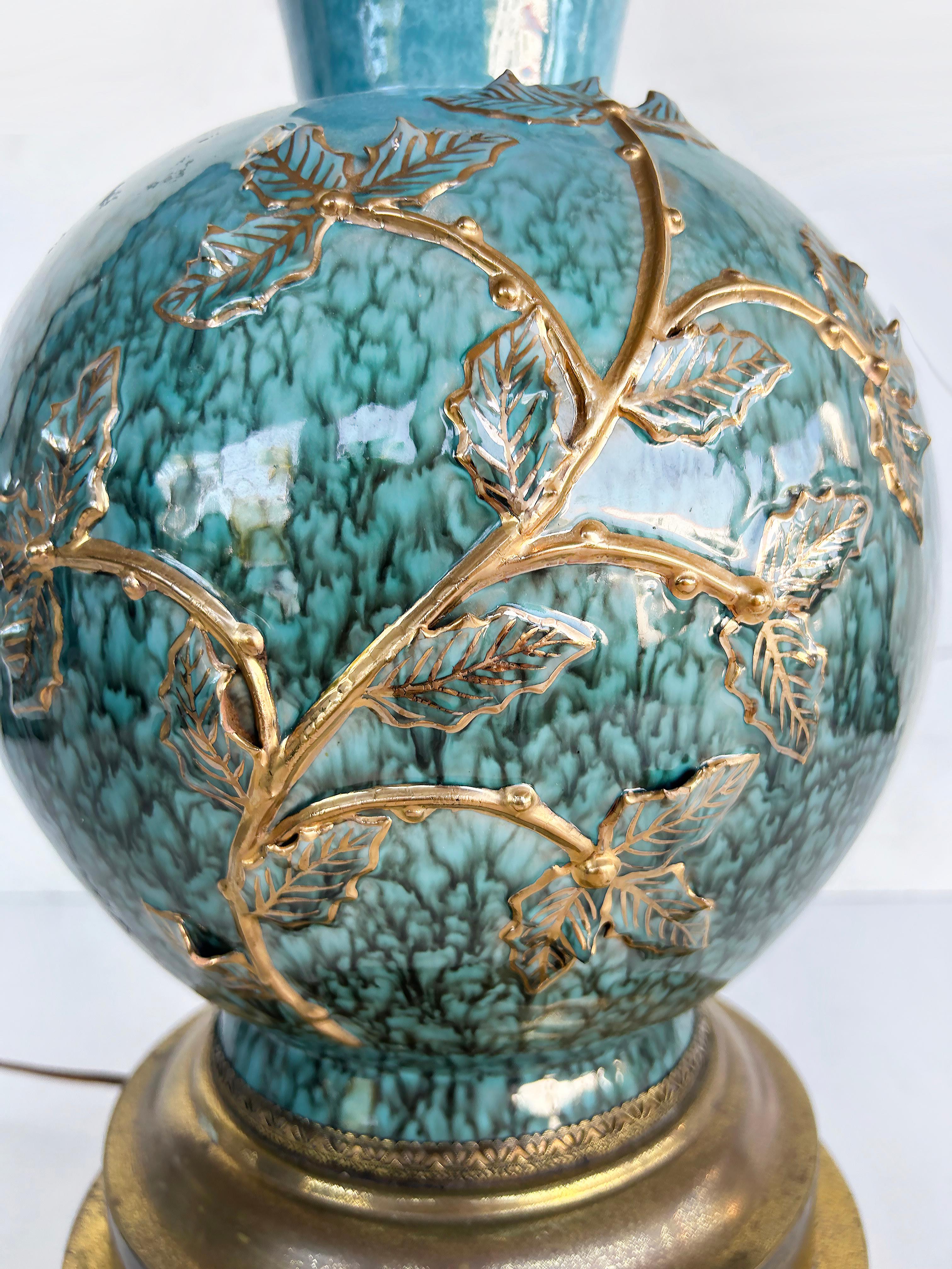 Ceramic Vases Mounted on Brass as Table Lamps,  Custom Shades,  Pair For Sale 4