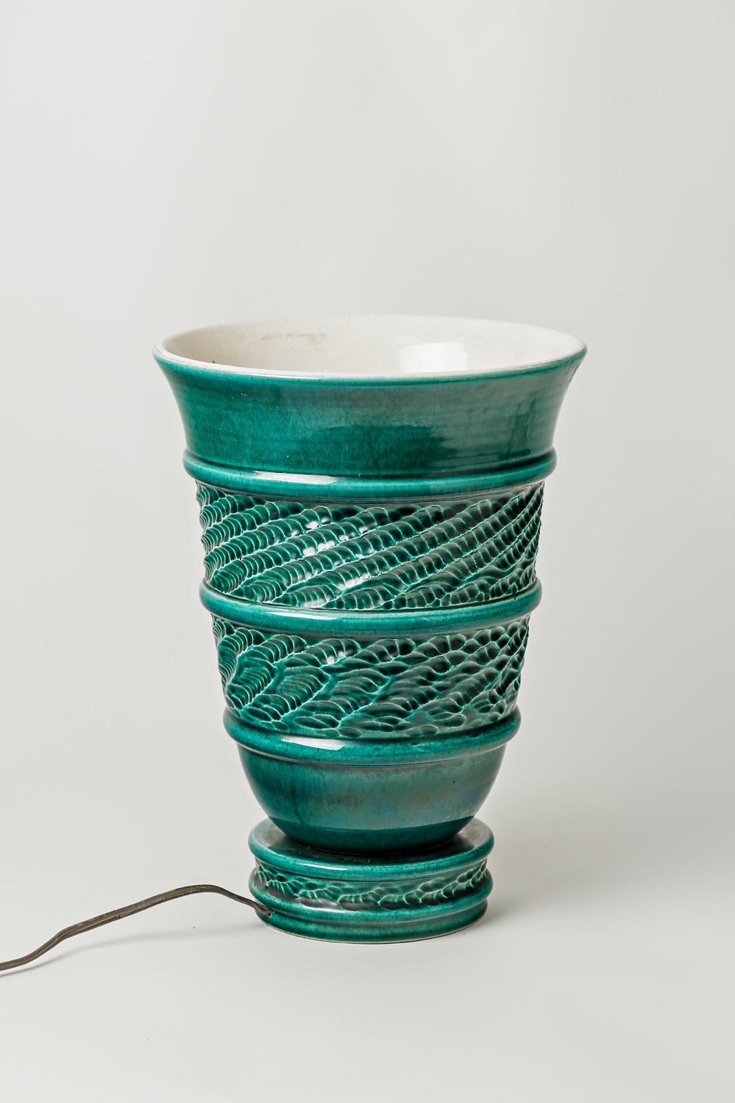 Art déco Lampe de table Vasque en céramique avec lumière Art Déco verte et blanche:: vers 1940 en vente