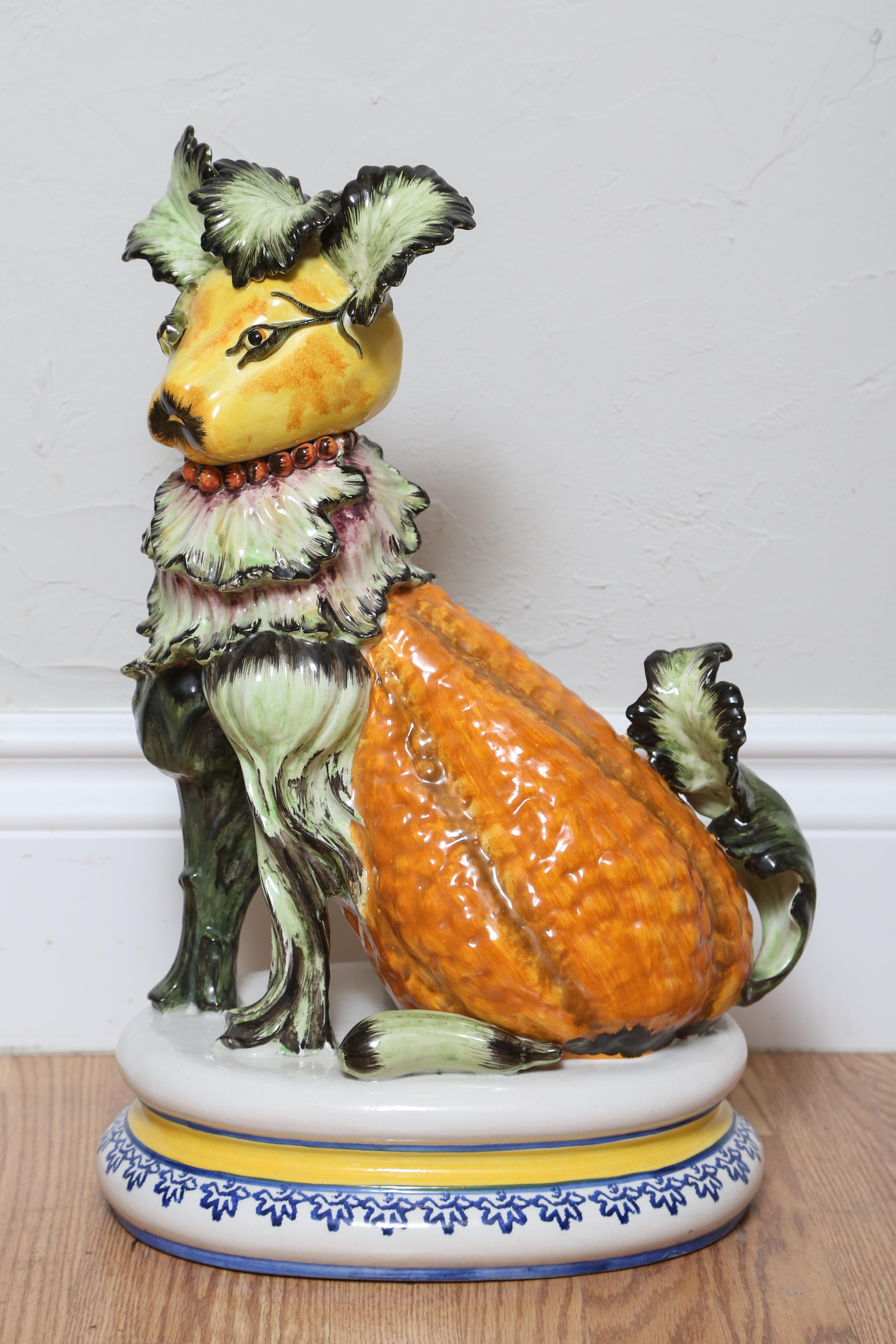 Vintage Italian dog comprised of ceramic vegetables. A very whimsical centerpiece.