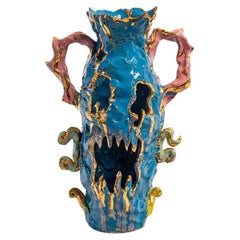 Ceramic Vessel “Candy Blue” by Faye Hadfield, Stoneware Ceramic, Gold Lustre