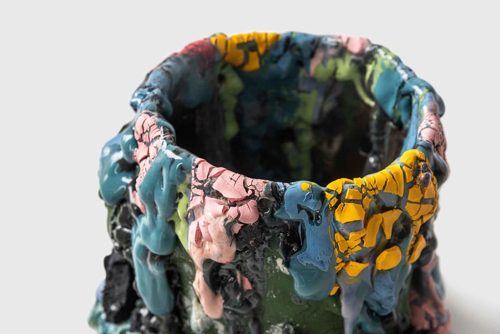 Hand-Crafted Ceramic Vessel Corner Flora by Adam Knoche Blue Multicoloured Contemporary Clay For Sale