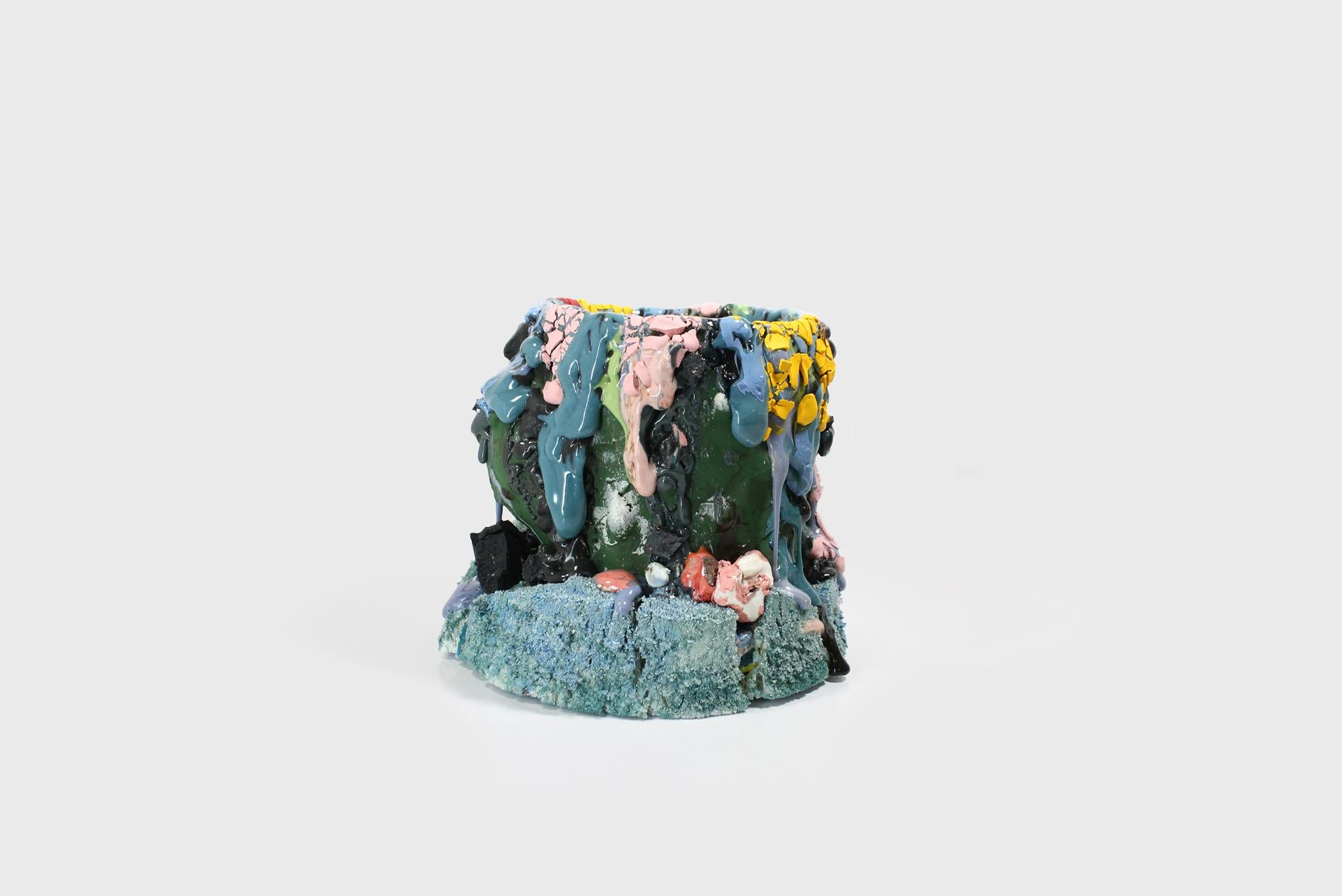 Ceramic Vessel Corner Flora by Adam Knoche Blue Multicoloured Contemporary Clay For Sale 2