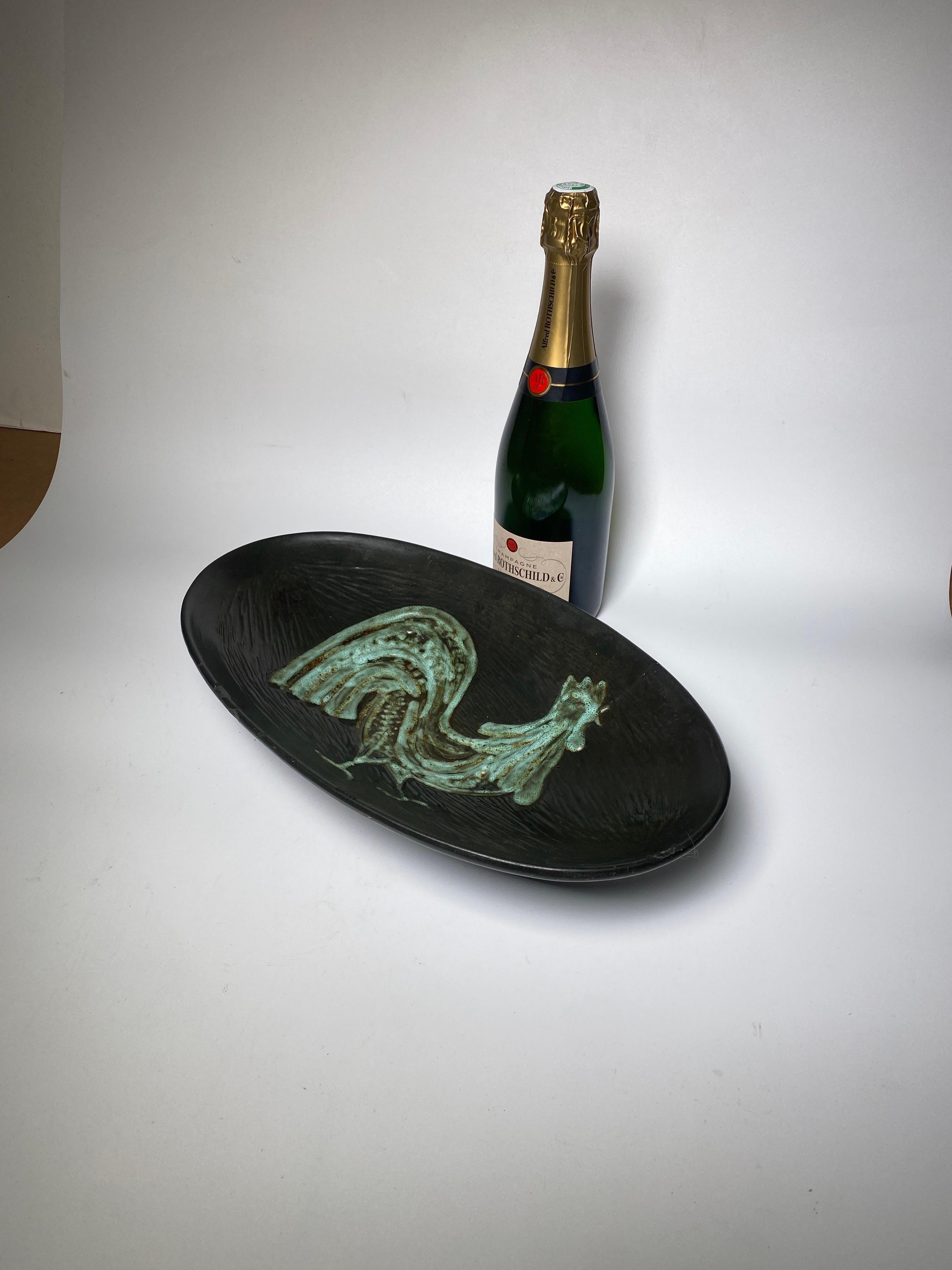 Ceramic Vide Poche, Decorative Dish, Representing a Rooster, Black and Green For Sale 6