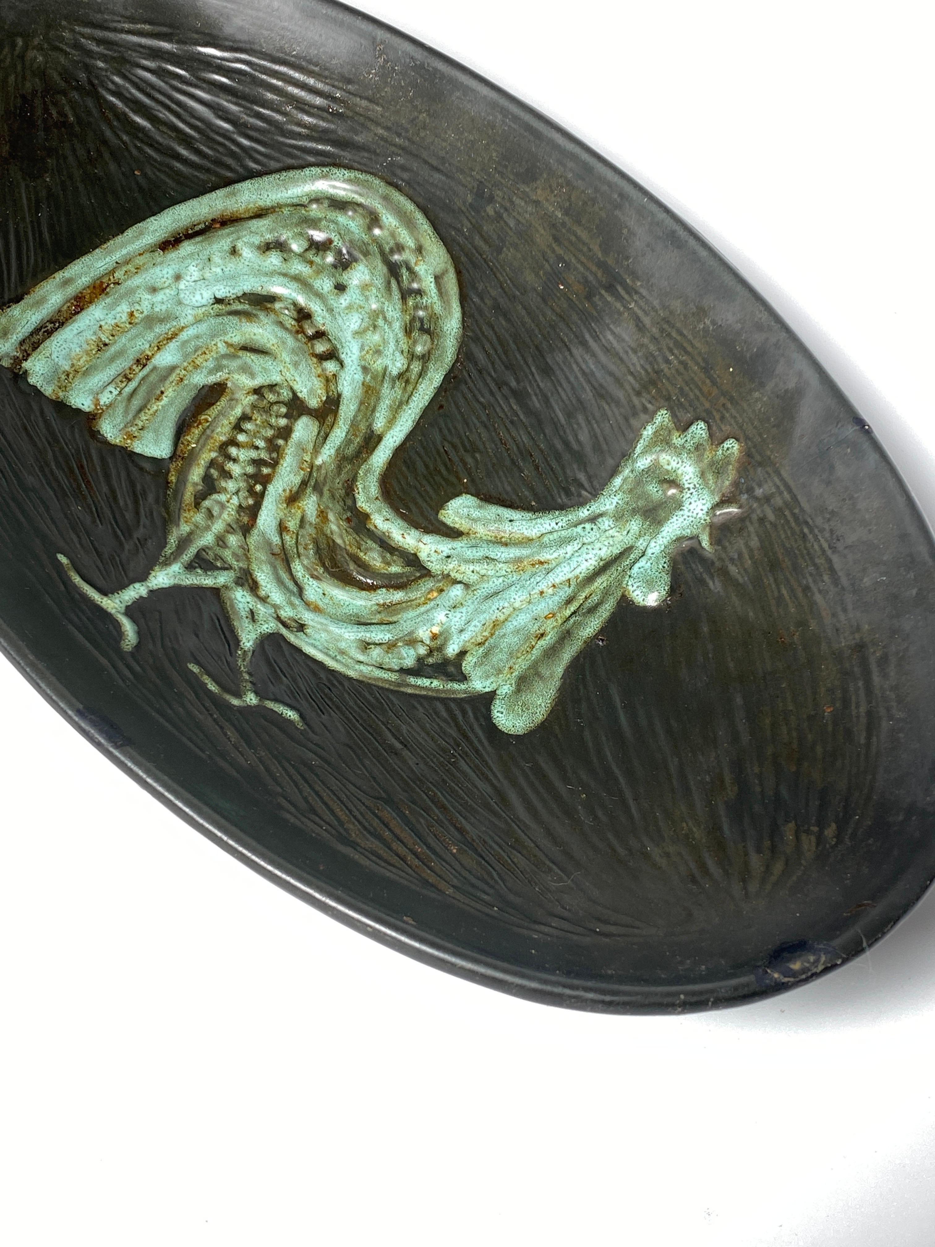 Ceramic Vide Poche, Decorative Dish, Representing a Rooster, Black and Green For Sale 3