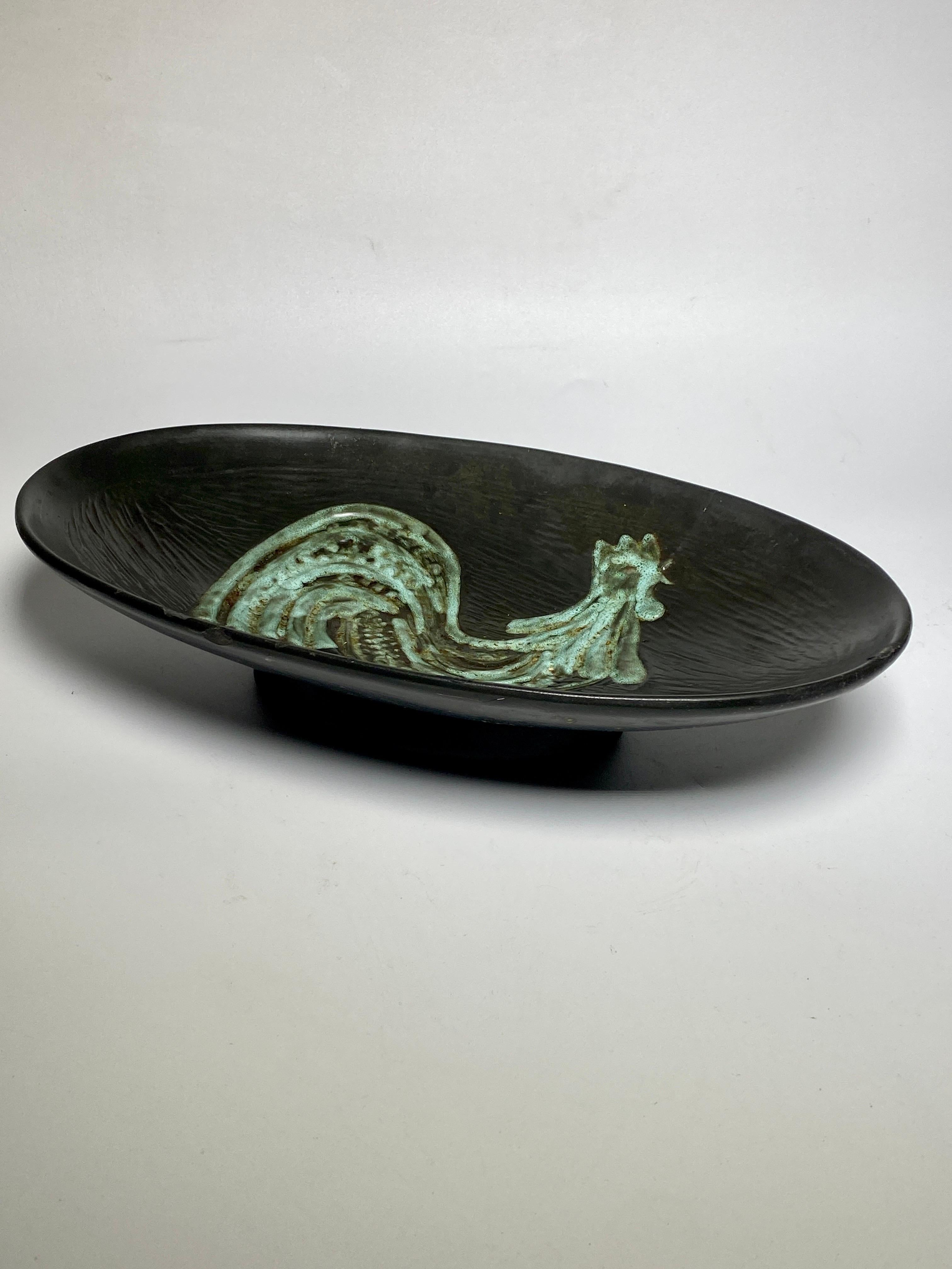 Ceramic Vide Poche, Decorative Dish, Representing a Rooster, Black and Green For Sale 5