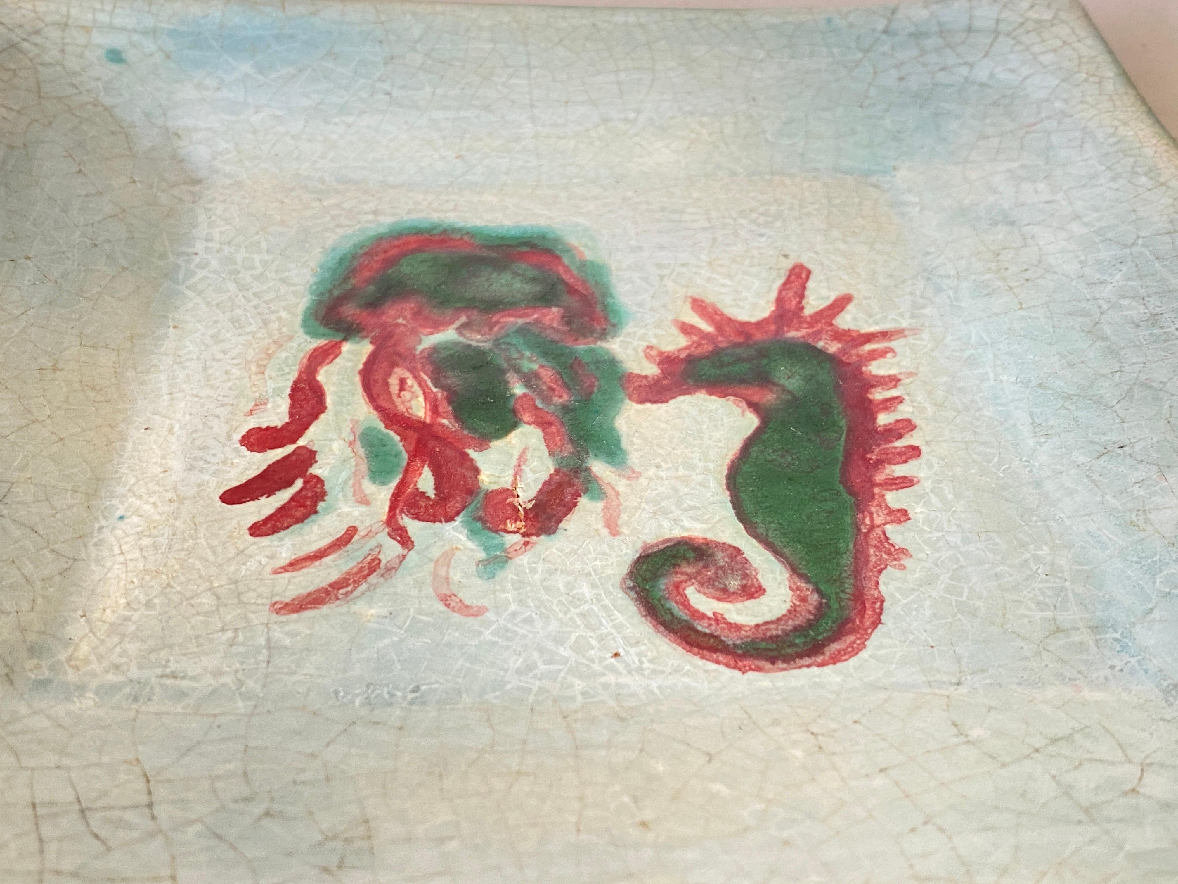 Mid-20th Century Ceramic Vide Poche, Decorative Dish, Representing a Sea Horse White and Green For Sale