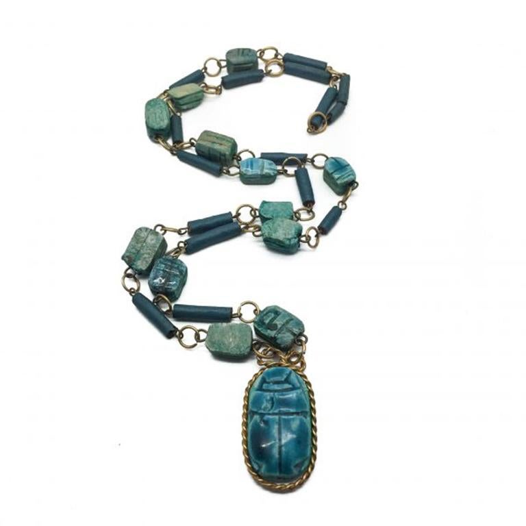 Ceramic Vintage Egyptian Scarab Necklace 1970s For Sale at 1stDibs