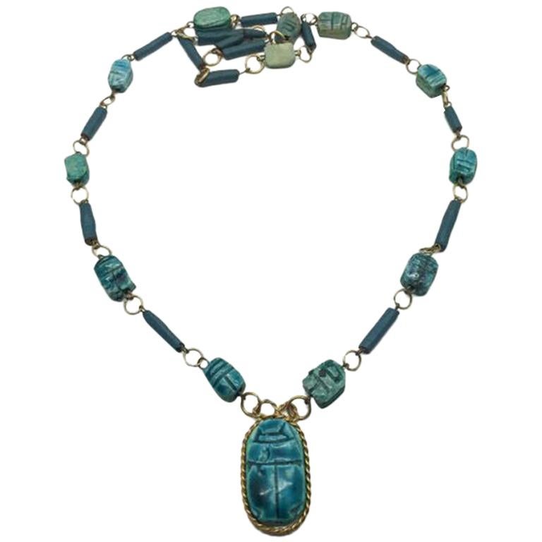 Ceramic Vintage Egyptian Scarab Necklace 1970s For Sale at 1stDibs