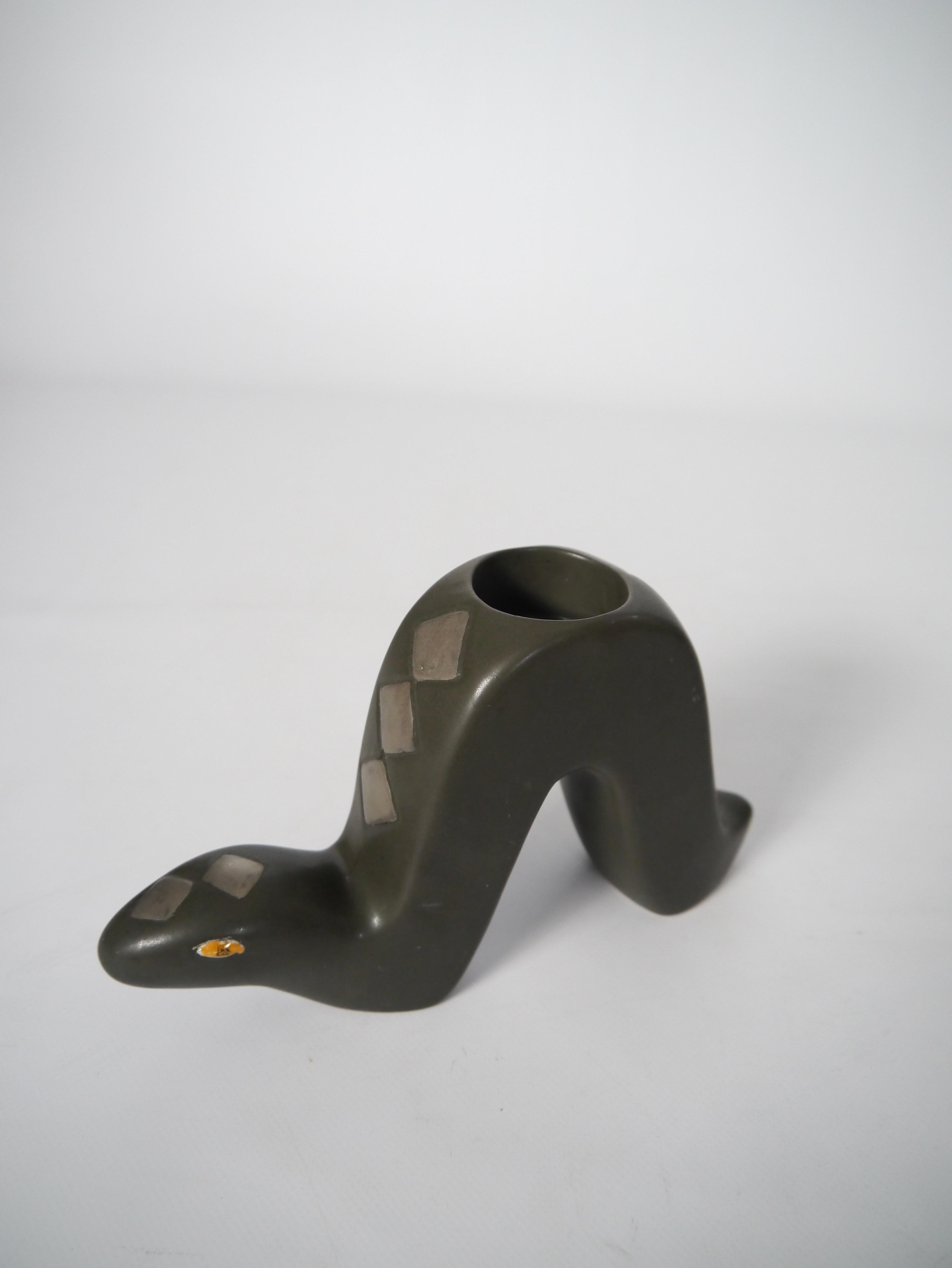 Kitsch dark grey ceramic viper snake candle holder fabricated by the Swedish ceramic studio Gabriel Keramik.
