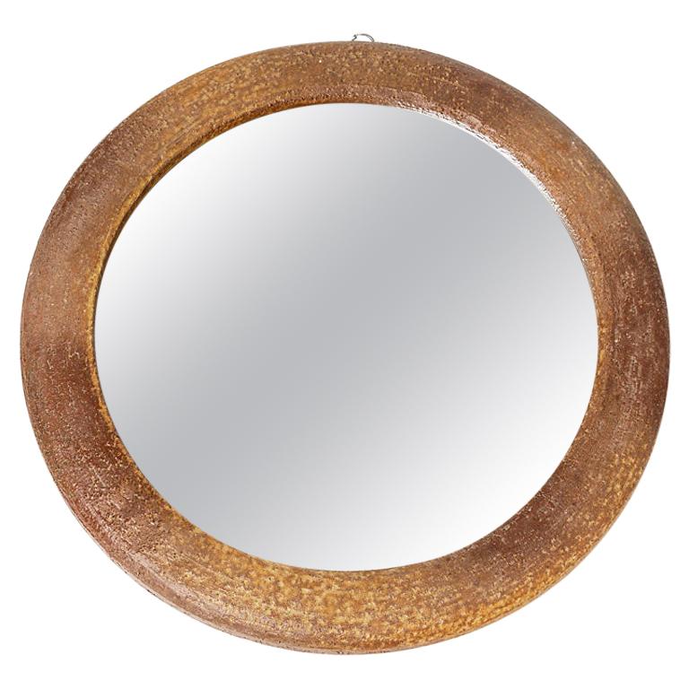 Ceramic Wall Mirror Brown Pottery Glaze Color by Vallauris, 1950