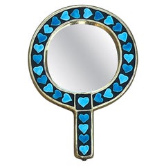 Ceramic Wall Mirror by Mithé Espelt, Glazed Blue Hearts, France, 1960