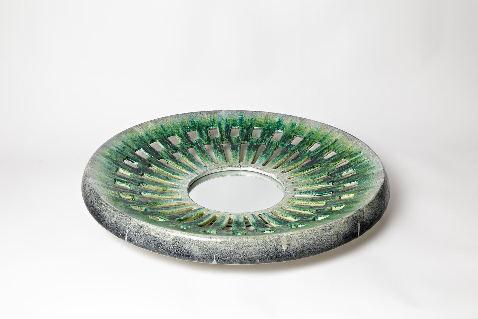 Mid-Century Modern Ceramic Wall Mirror Green and Grey Mid-20th Century Decoration For Sale