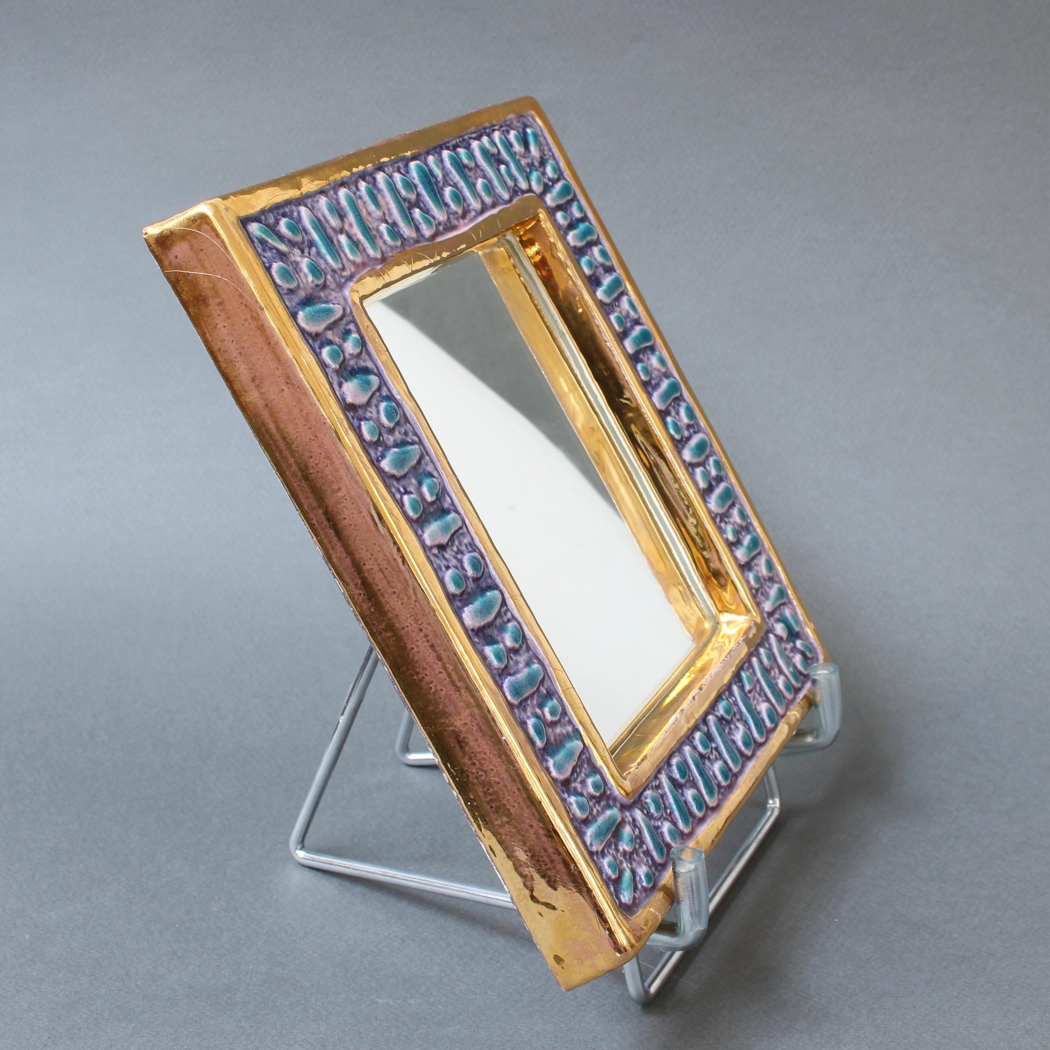 French Ceramic Wall Mirror with Enamel Glaze Attributed to François Lembo, circa 1970s