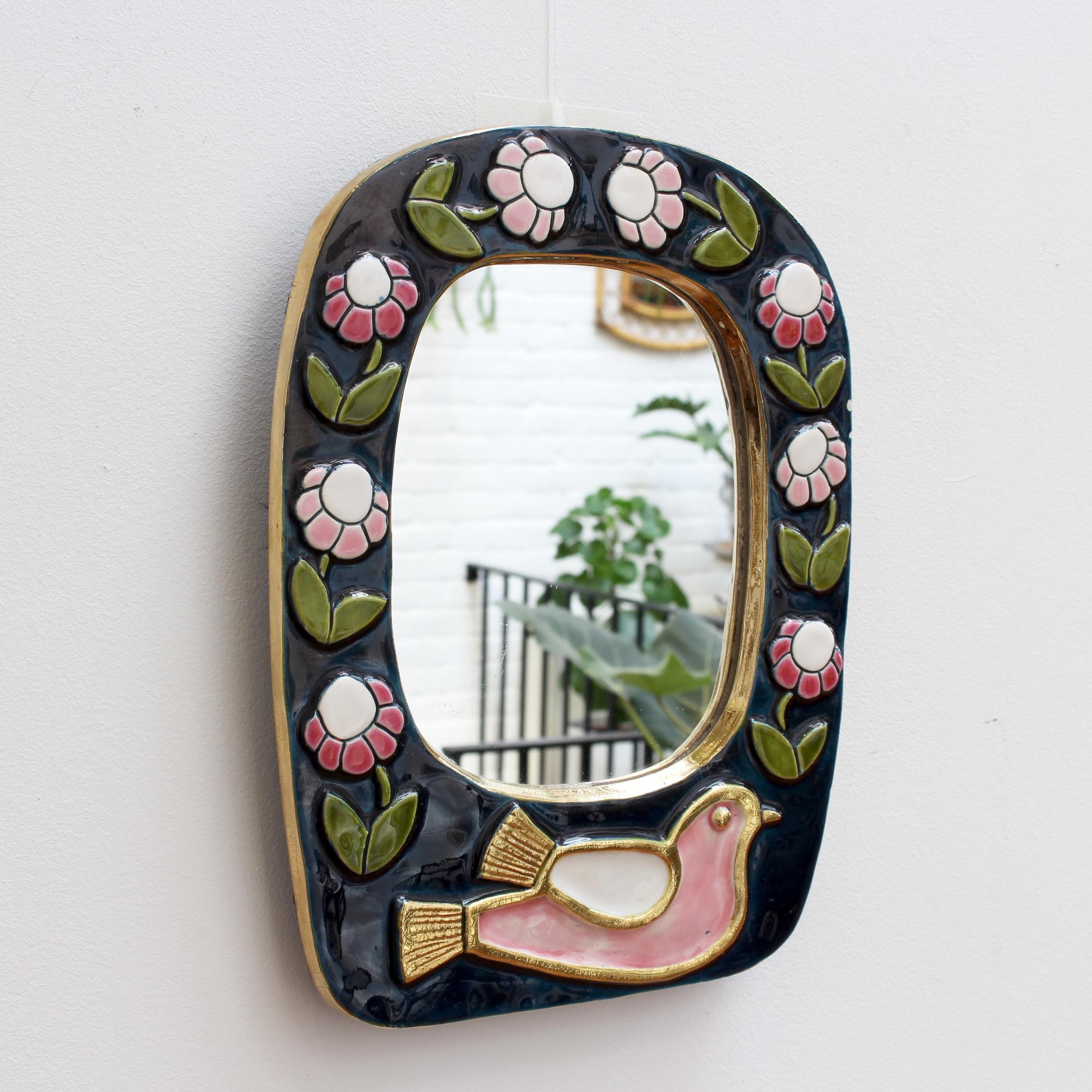 Ceramic Wall Mirror with Flower Motif and Stylised Bird by François Lembo, 1970s 5