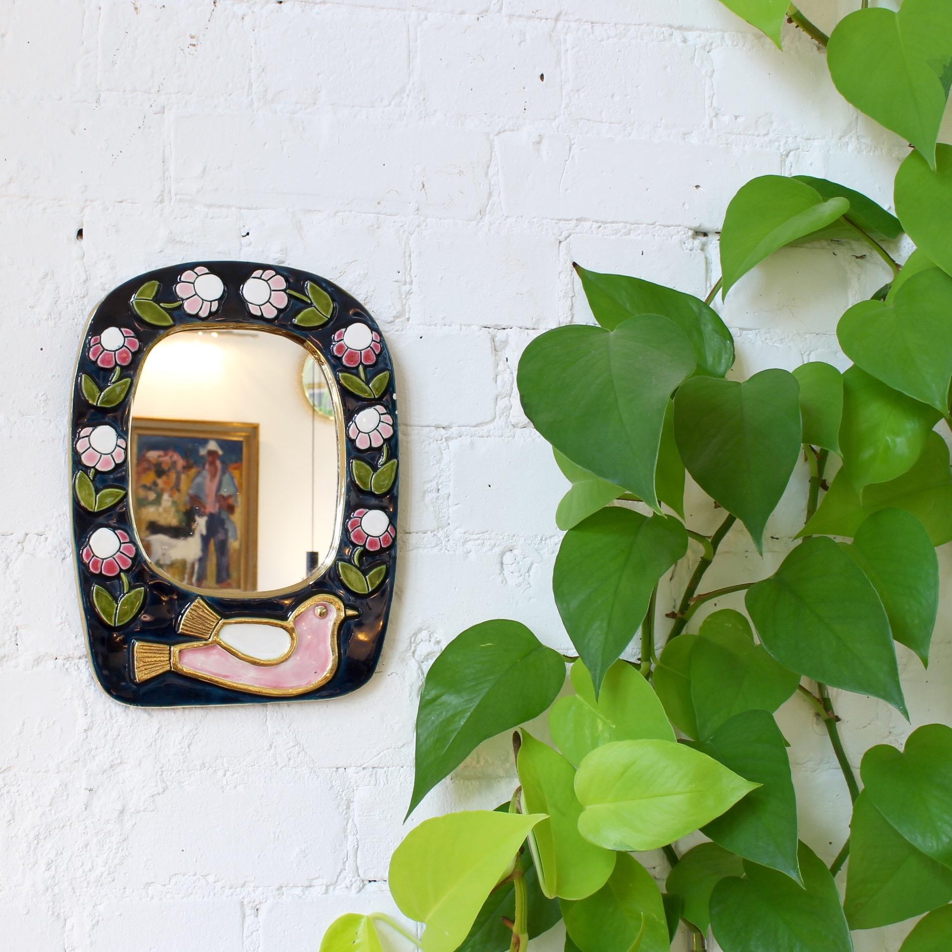 Glazed Ceramic Wall Mirror with Flower Motif and Stylised Bird by François Lembo, 1970s